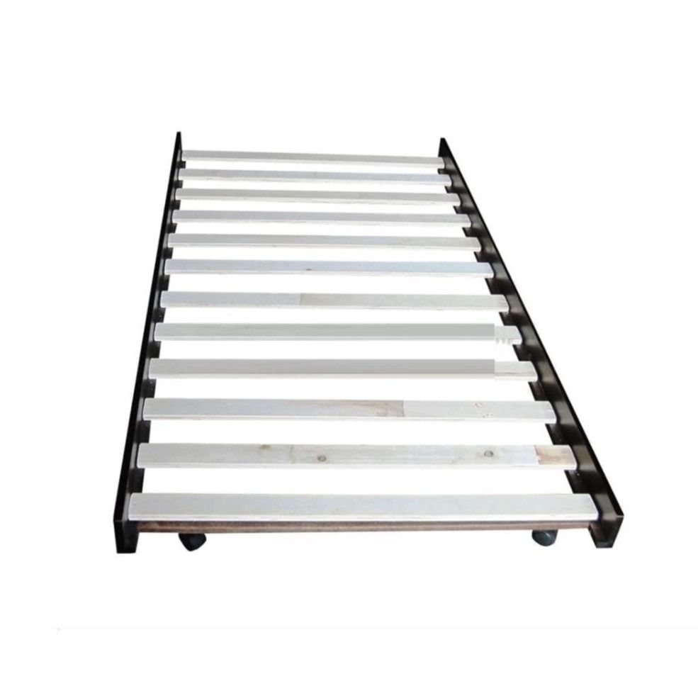 Pullout Bed Frame Single size (Category: Bed Frames & Mattresses) located in Muntinlupa City. Submitted by groundplaycustomerservice (Listing ID 1418074592, Image 1). Description: Received as a gift. USED but is still in very good condition. Good as new. Please note that mattress size needed is 36 x 75 inches. Easy to assemble (instructions included) Easy to carry, Very portable, Lightweight but sturdy Good for visitors having sleepovers. Can be 