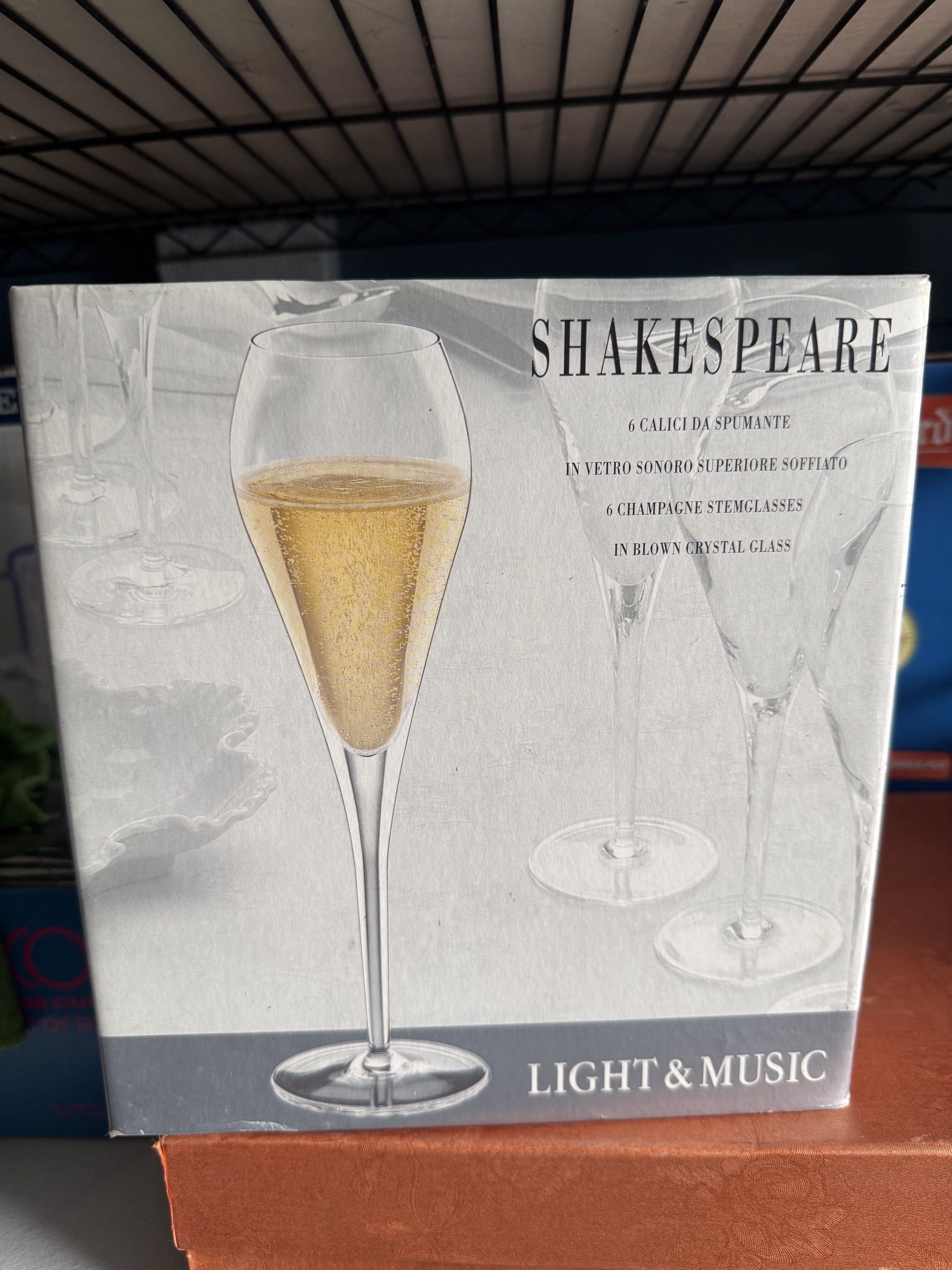 Shakespeare Champagne Stem Glasses Set (Category: Dinnerware & Cutlery) located in Dasmarinas. Submitted by andrae03 (Listing ID 1418095069, Image 1). Description: Set of six Shakespeare champagne stem glasses. Made of blown crystal glass. Includes original box. *have 2 boxes/₱800 per each.
