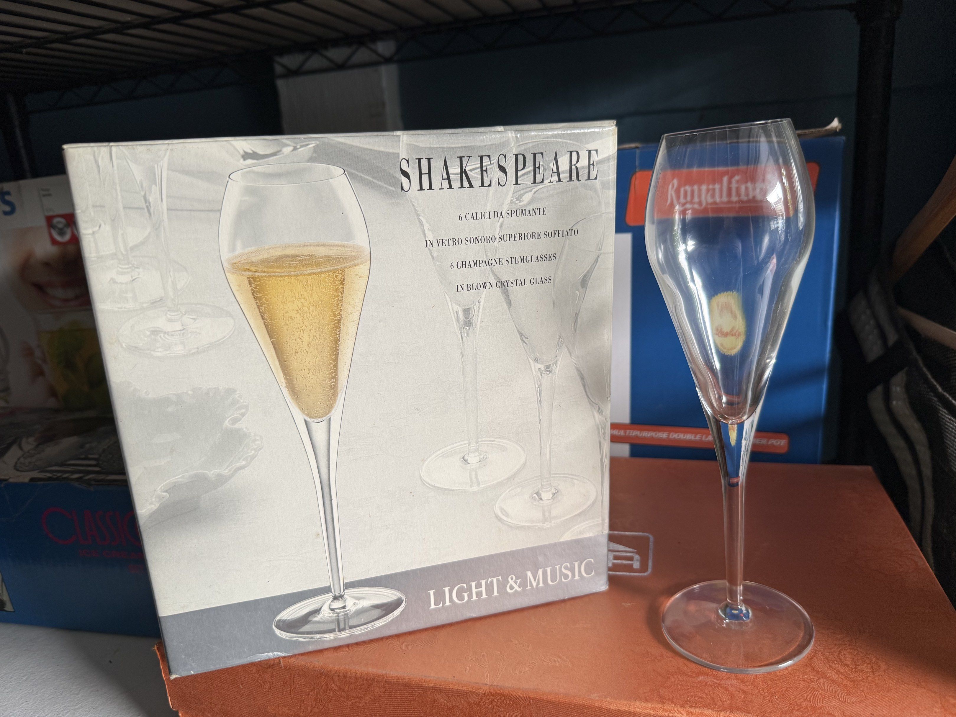 Shakespeare Champagne Stem Glasses Set (Category: Dinnerware & Cutlery) located in Dasmarinas. Submitted by andrae03 (Listing ID 1418095069, Image 2). Description: Set of six Shakespeare champagne stem glasses. Made of blown crystal glass. Includes original box. *have 2 boxes/₱800 per each.