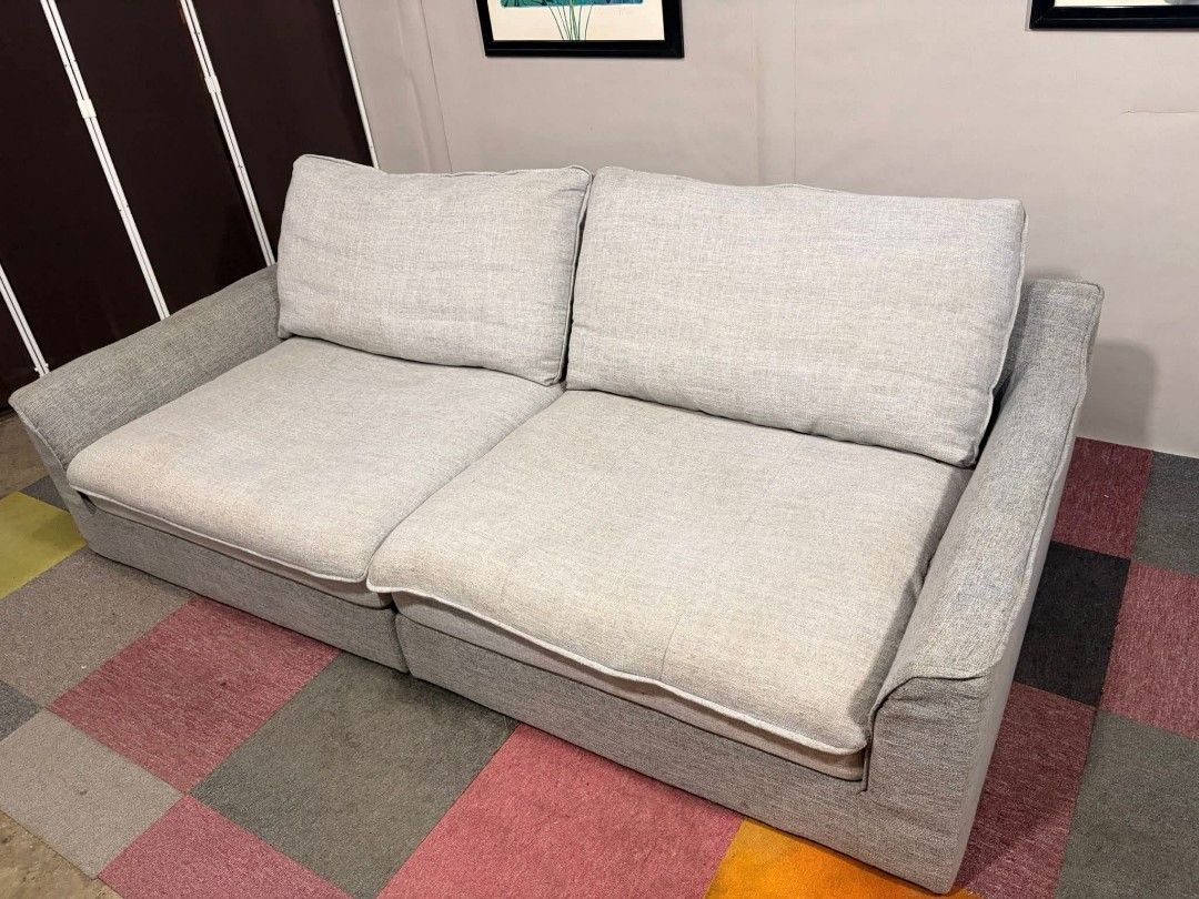 Sofa (Category: Sofas) located in Meycauayan. Submitted by marygracecasimiro (Listing ID 1418167207, Image 3). Description: Modern 4-Seater Feather Sleeper Lounge Sofa FULLY WASHABLE & REMOVABLE FABRIC COVER Feather Stuffed for Plush "CLOUD-LIKE" Feel SUPER SOFT AND COMFY!!! ANLAKI!!! Price : 19k *VIDEO ON COMMENT 93L x 45W x 18H seat height inches Sandalan height 34 inches In VERY good condition 💜💜.