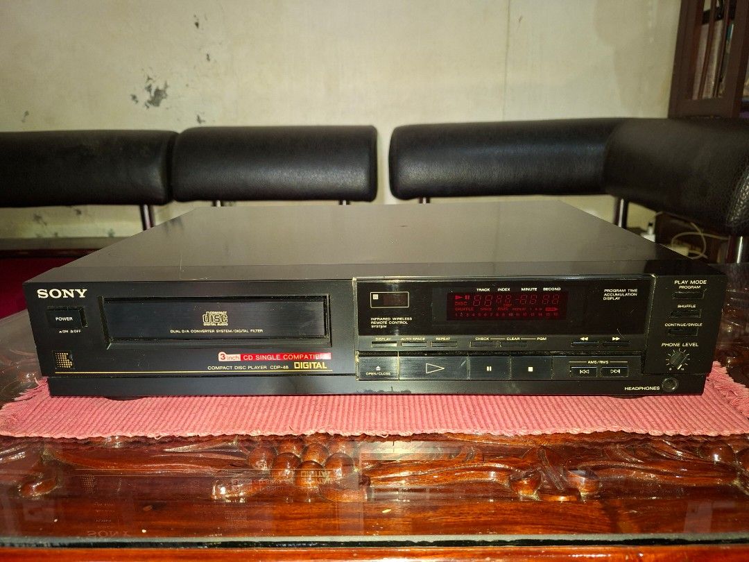 Sony CDP 48 CD Player (Category: Soundbars, Speakers & Amplifiers) located in Bulacan. Submitted by sweet_spot09 (Listing ID 1418014477, Image 2). Description: Compact Disc Player 3" CD Single Compatible Dual D/A Converter System Digital display/ Filter RCA Audio output ports Black finish with gold accents 120v/60Hz 12w Made in Japan.