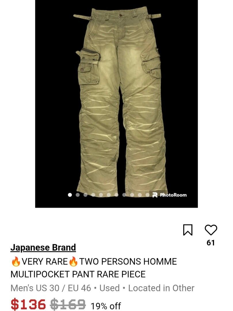 Two Persons Homme Multipocket Pants (Category: Jeans) located in Manila. Submitted by c4pybr (Listing ID 1418132445, Image 3). Description: Rare Two Persons Homme multipocket pants. Features multiple pockets and unique design details. The pants have a distinctive gathered or ruched effect on the lower legs. They have a button and zipper closure. The pants have a light green or khaki color. WAIST - 32 LENGTH - 42.5 LEG OPENING - 9 SLIGHTLY NEGO DM