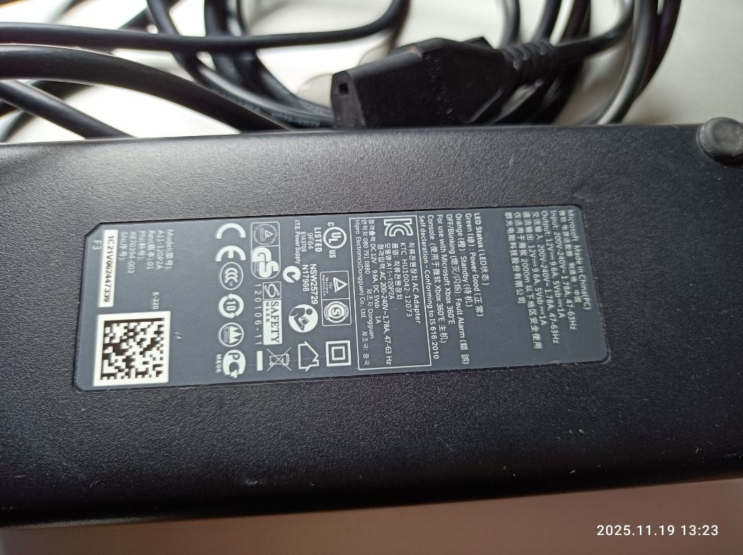 Xbox 360 E Power Supply (Category: Xbox) located in Butuan. Submitted by reggex99 (Listing ID 1418094771, Image 1). Description: Original power supply for Xbox 360 E. Includes the power brick and power cable. The power supply has various safety certifications and specifications printed on the label. It is ready to plug and use. RFS: The console is broken. Can do meetups if you are around in Butuan City (available time 5:00pm-6:00pm) Can also do s