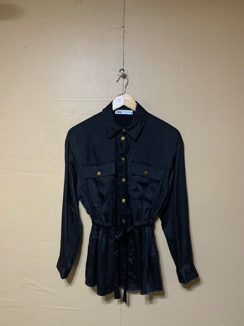 Zara black satin effect overshirt with a drawstring waist (Category: Others Tops) located in Bislig. Submitted by styleeee (Listing ID 1418077161, Image 2). Description: size xs on tag .