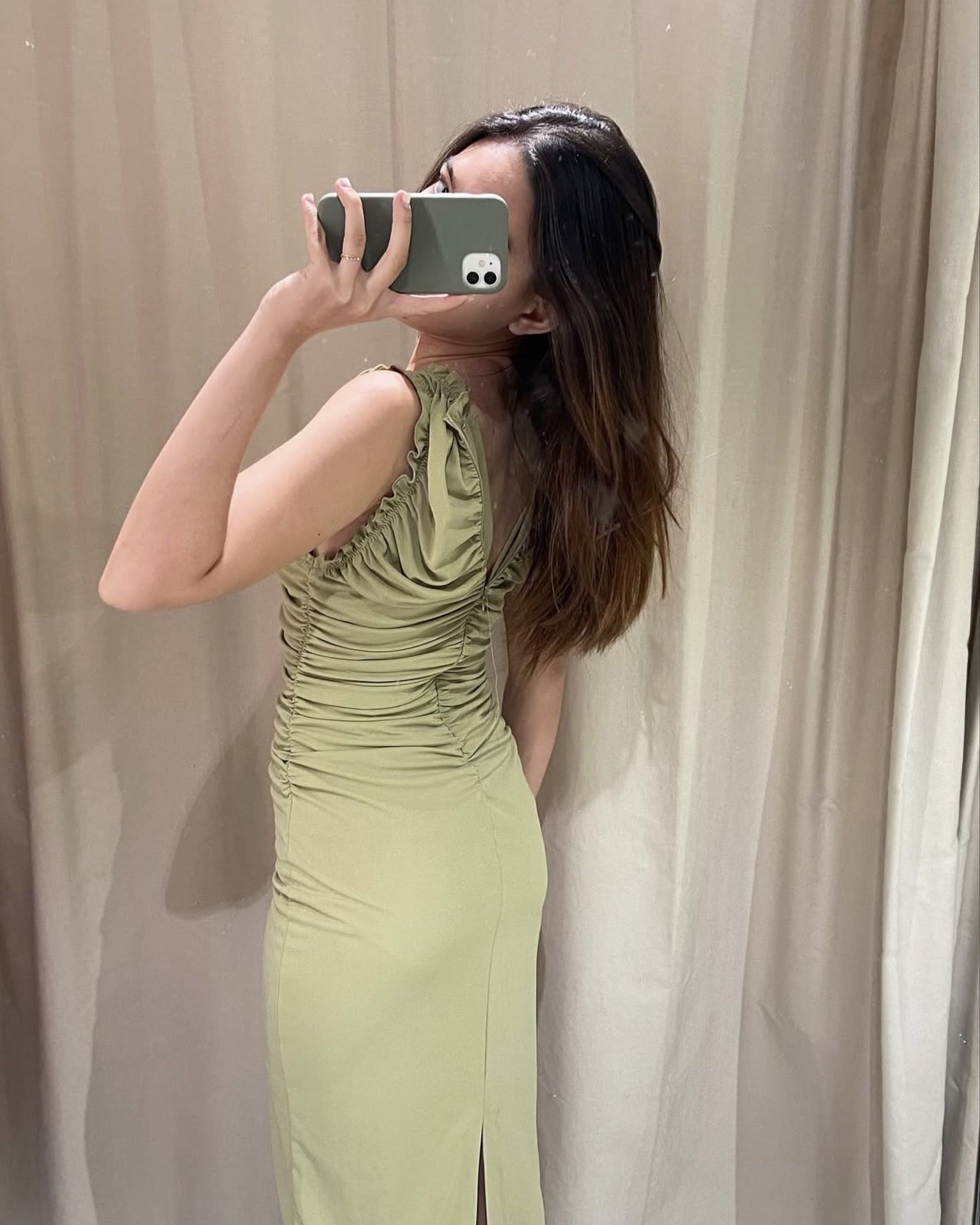 Zara Red Ruched Dress (Category: Dresses) located in Cavite. Submitted by ellieschoice (Listing ID 1418188659, Image 3). Description: Selling the red one Got this in SM Mall of Asia I'm keeping the green one For reference, my size is 34B/26/34.