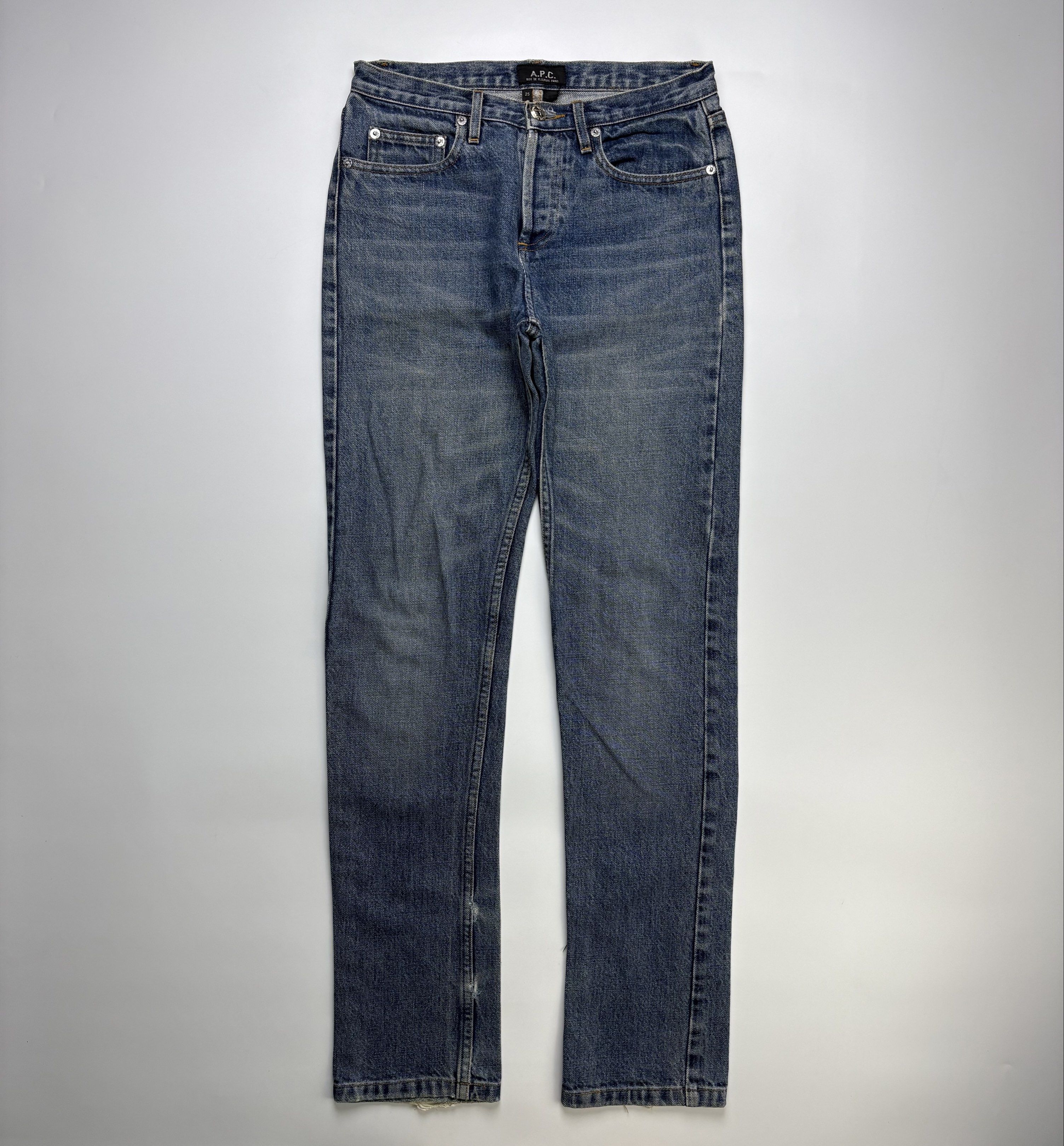 A.P.C Slim-fit Denim Jeans (Category: Jeans) located in Cavite. Submitted by sc_rcity (Listing ID 1418384080, Image 1). Description: Tagged Size : 25 Authentic Condition : Excellent ( Need Wash ) Button-fly Made in Macau Waist 14 Length 41 Front rise 9.5 Inseam 31 Leg op. 6.5 .