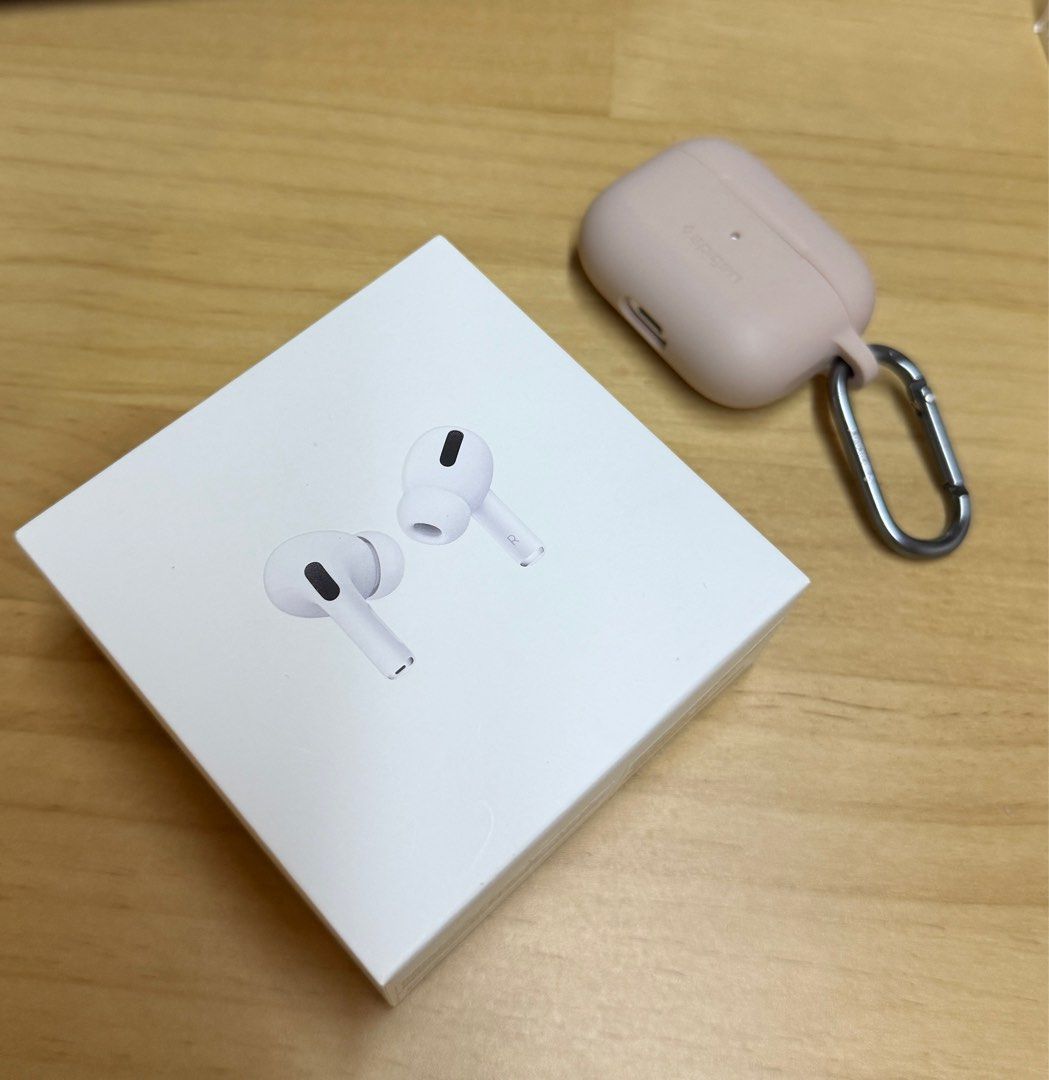 Apple AirPods Pro (Category: Earphones) located in Mandaluyong City. Submitted by jeanne_03 (Listing ID 1418253849, Image 3). Description: - Apple AirPods Pro (1st Generation) - Original / authentic - Includes charging case (with “JD” print) - Comes with original box - Includes Spigen case with carabiner clip ‼️Issue: - Some static when ANC/Transparency is on - Mic may not be ideal for calls - Works fine for music, especially with Noise Control s