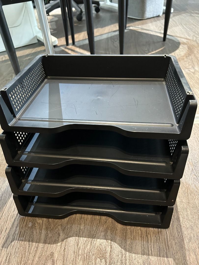 Black Stackable Document Trays (Category: Stationery & School Supplies) located in Singapore. Submitted by epadbt (Listing ID 1418237312, Image 1). Description: Set of four stackable document trays. Perfect for organizing your desk or office space. Great for storing papers, files, and other documents. Easy to assemble and disassemble..