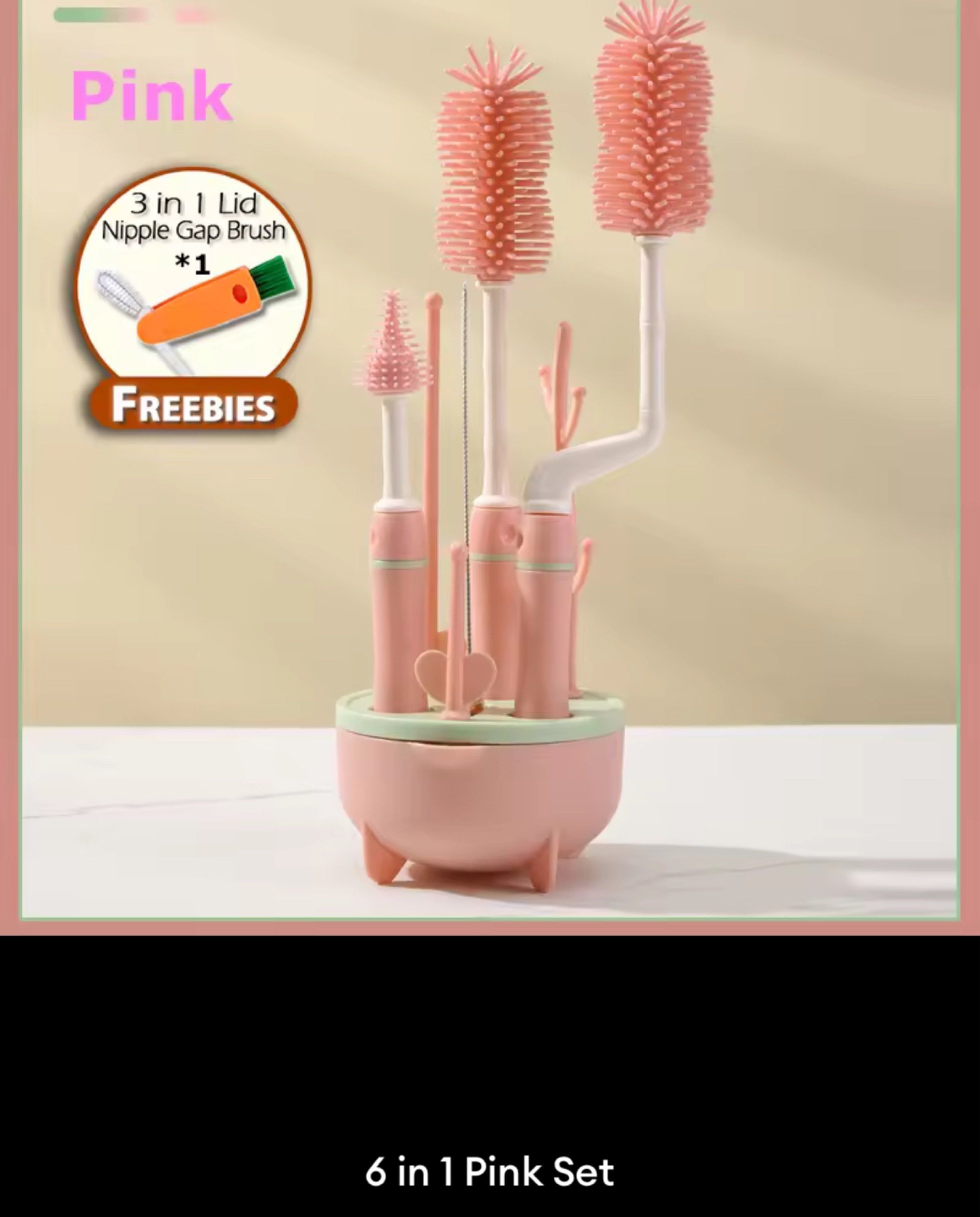 Bottle Brush Set 6 in 1 Pink (Category: Breastfeeding & Bottle Feeding) located in Rizal. Submitted by nwndprlvdbyurs (Listing ID 1418331497, Image 1). Description: HOMSA Bottle Brush Set 6 in 1 Multifunctional Silicon Cleaning Tools Long Handle Decluttering.