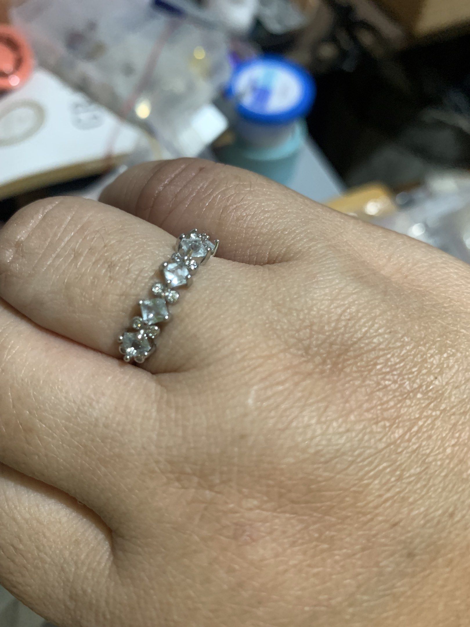 Aqua marine, blue stone ring, half eternity inspired ring (Category: Rings) located in Binangonan. Submitted by Love_Jen (Listing ID 1418272574, Image 2). Description: -acquamaine stone -Silver ring, copper-plated, non-tarnish - Adorned with small, clear stones - Dainty and elegant - Suitable for everyday wear or special events - Adds a touch of sophistication.