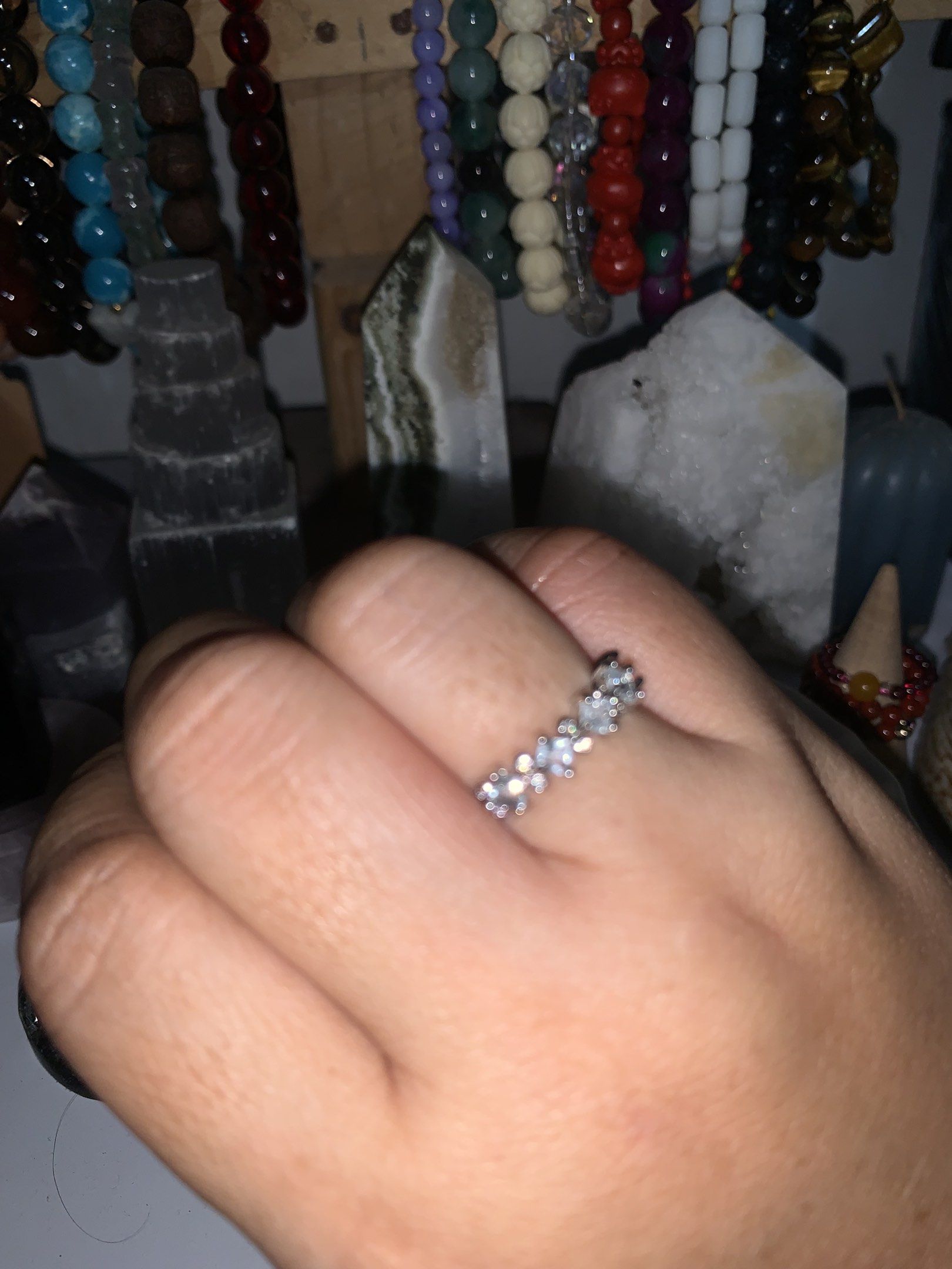 Aqua marine, blue stone ring, half eternity inspired ring (Category: Rings) located in Binangonan. Submitted by Love_Jen (Listing ID 1418272574, Image 1). Description: -acquamaine stone -Silver ring, copper-plated, non-tarnish - Adorned with small, clear stones - Dainty and elegant - Suitable for everyday wear or special events - Adds a touch of sophistication.