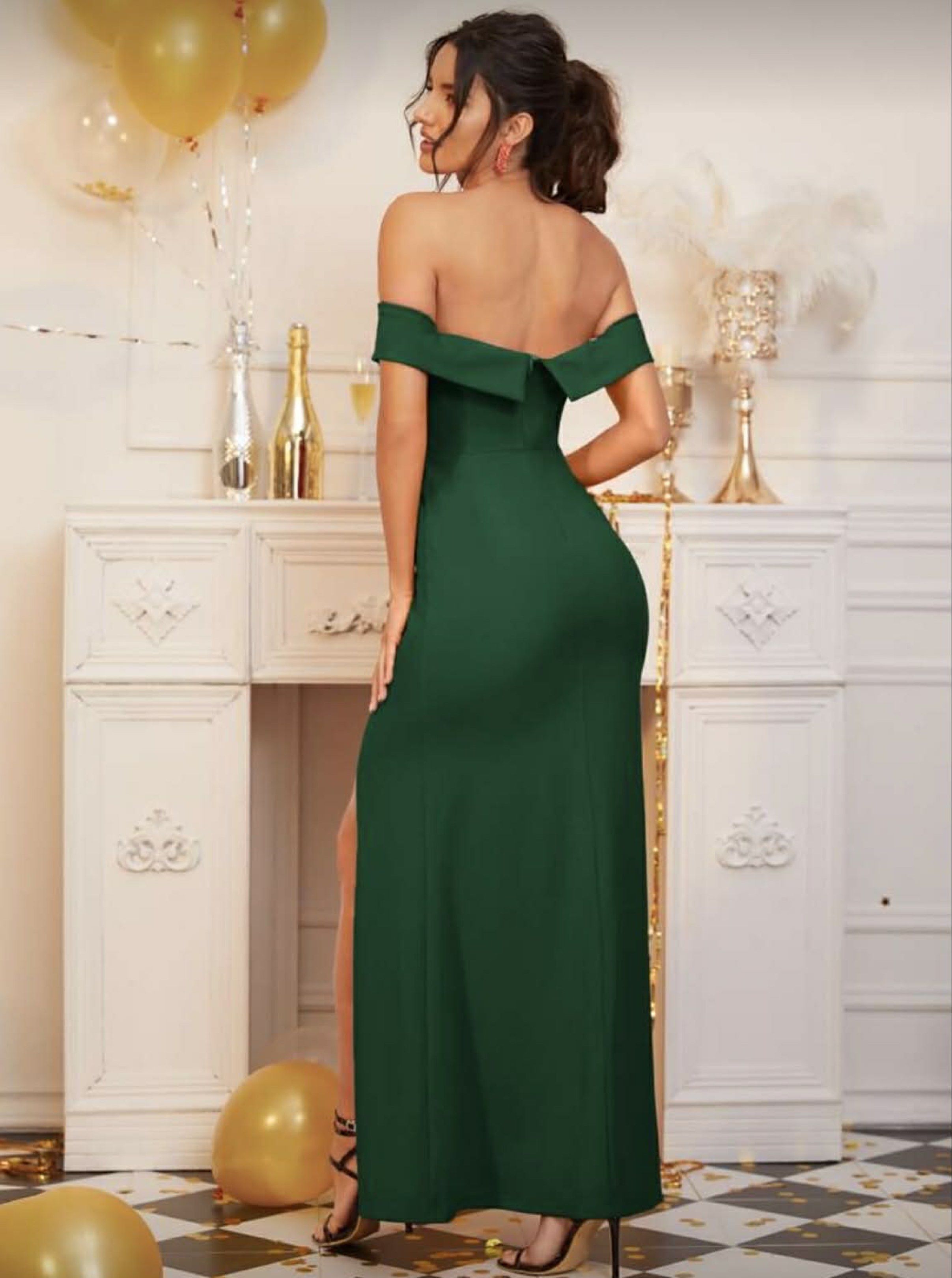 Emerald Green Off-Shoulder Slit Dress (Category: Dresses) located in Paranaque City. Submitted by ch3ll3 (Listing ID 1418221448, Image 1). Description: Evening / Cocktail Dress Small Used only once 500.