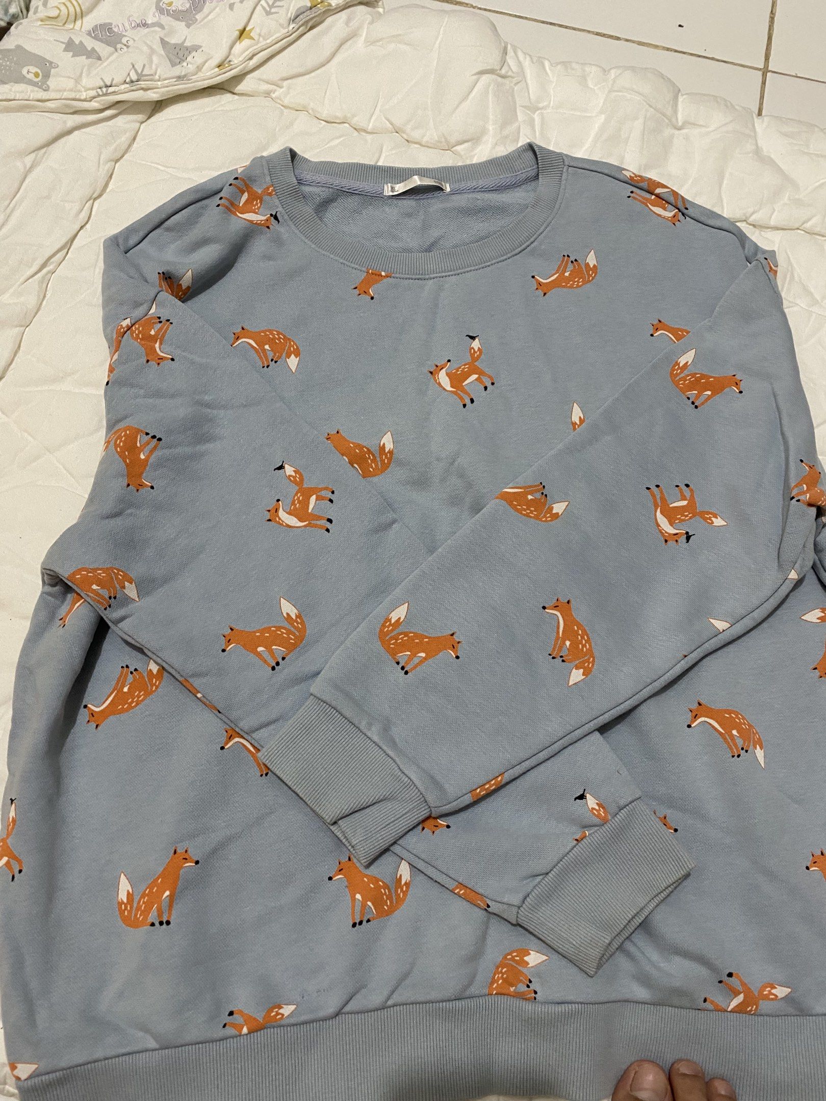 Fox Print Sweatshirt - XL (Category: Coats, Jackets and Outerwear) located in San Juan City. Submitted by earlitoooo (Listing ID 1418353804, Image 1). Description: - Light blue sweatshirt - Fox print - Crew neck - Long sleeves with ribbed cuffs - Size: XL - Soft, comfortable fabric - Perfect for casual wear.