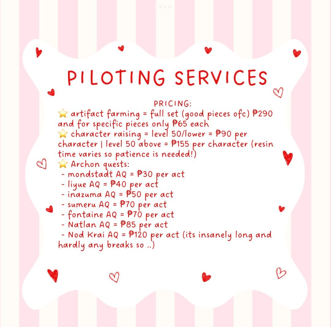 OPEN FOR ANY REQS! Genshin Impact Piloting Services (Category: Others) located in Makati City. Submitted by luka_yeon17 (Listing ID 1418380918, Image 2). Description: another bump of my piloting! Open for any Reqs, Dm for more info! I do Archon Quests fast, minimum of 3 hours! Current AQs may take longer! (I did 4.5 hrs for the latest nod krai one, act 7-8 and yes one sitting) Read my carrd before offering and inquiring (if its unique reqs): http