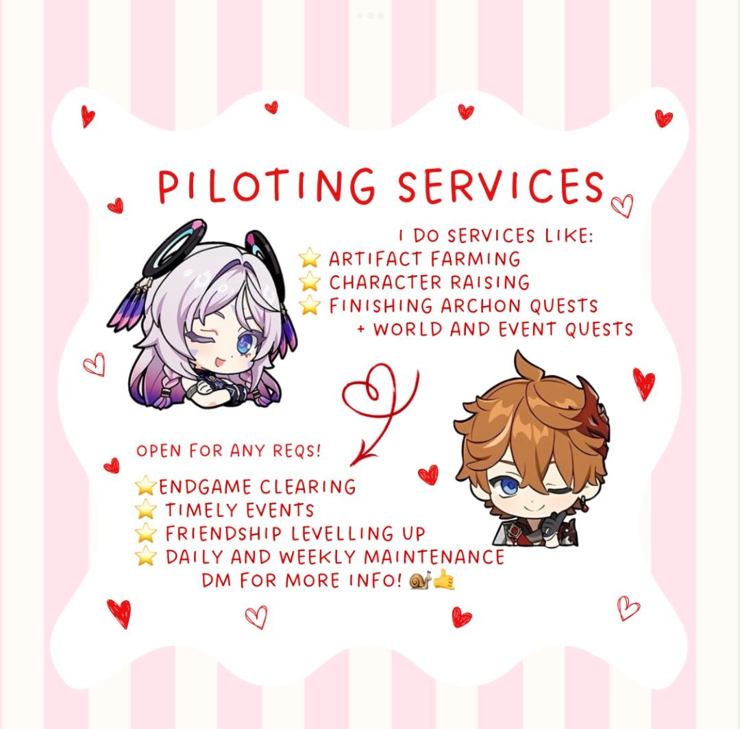 OPEN FOR ANY REQS! Genshin Impact Piloting Services (Category: Others) located in Makati City. Submitted by luka_yeon17 (Listing ID 1418380918, Image 1). Description: another bump of my piloting! Open for any Reqs, Dm for more info! I do Archon Quests fast, minimum of 3 hours! Current AQs may take longer! (I did 4.5 hrs for the latest nod krai one, act 7-8 and yes one sitting) Read my carrd before offering and inquiring (if its unique reqs): http