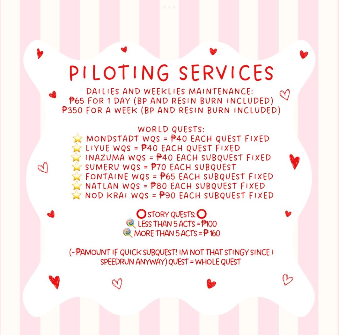 OPEN FOR ANY REQS! Genshin Impact Piloting Services (Category: Others) located in Makati City. Submitted by luka_yeon17 (Listing ID 1418380918, Image 3). Description: another bump of my piloting! Open for any Reqs, Dm for more info! I do Archon Quests fast, minimum of 3 hours! Current AQs may take longer! (I did 4.5 hrs for the latest nod krai one, act 7-8 and yes one sitting) Read my carrd before offering and inquiring (if its unique reqs): http