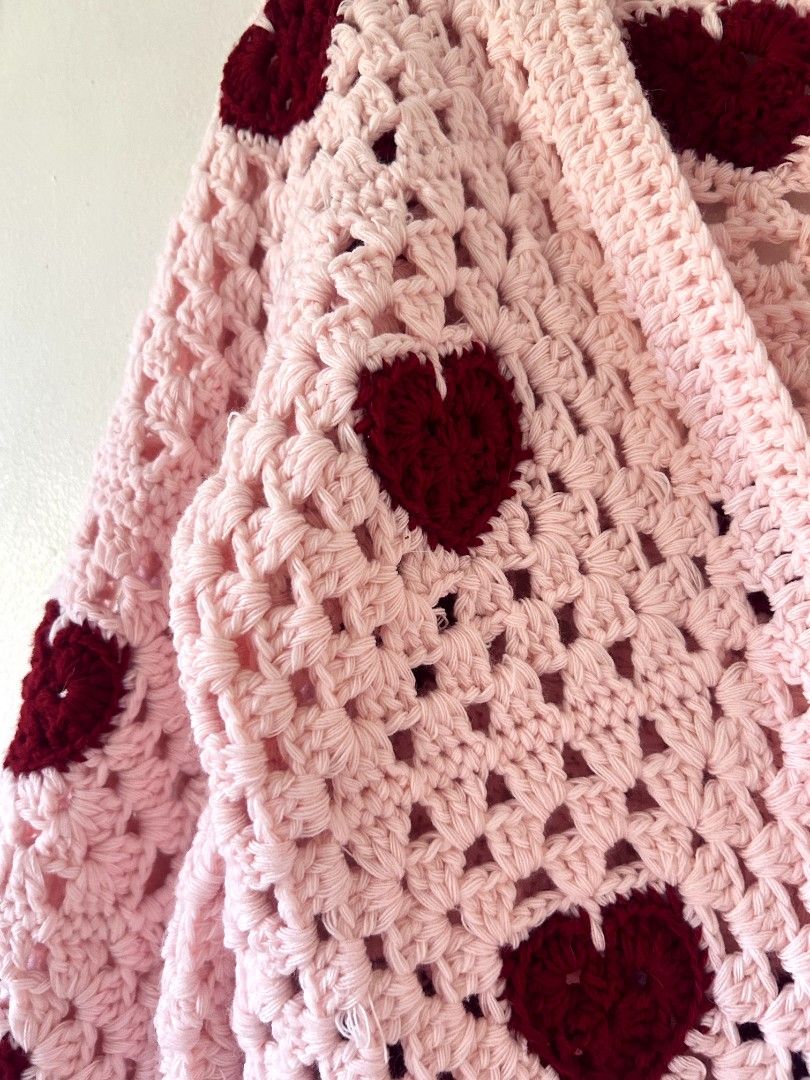 Handmade Crochet Heart Cardigan (Category: Coats, Jackets and Outerwear) located in Naga. Submitted by shiyaaah (Listing ID 1418359199, Image 2). Description: - Handmade by me - Best fit XS-S - Light pink in actual - Cropped length.