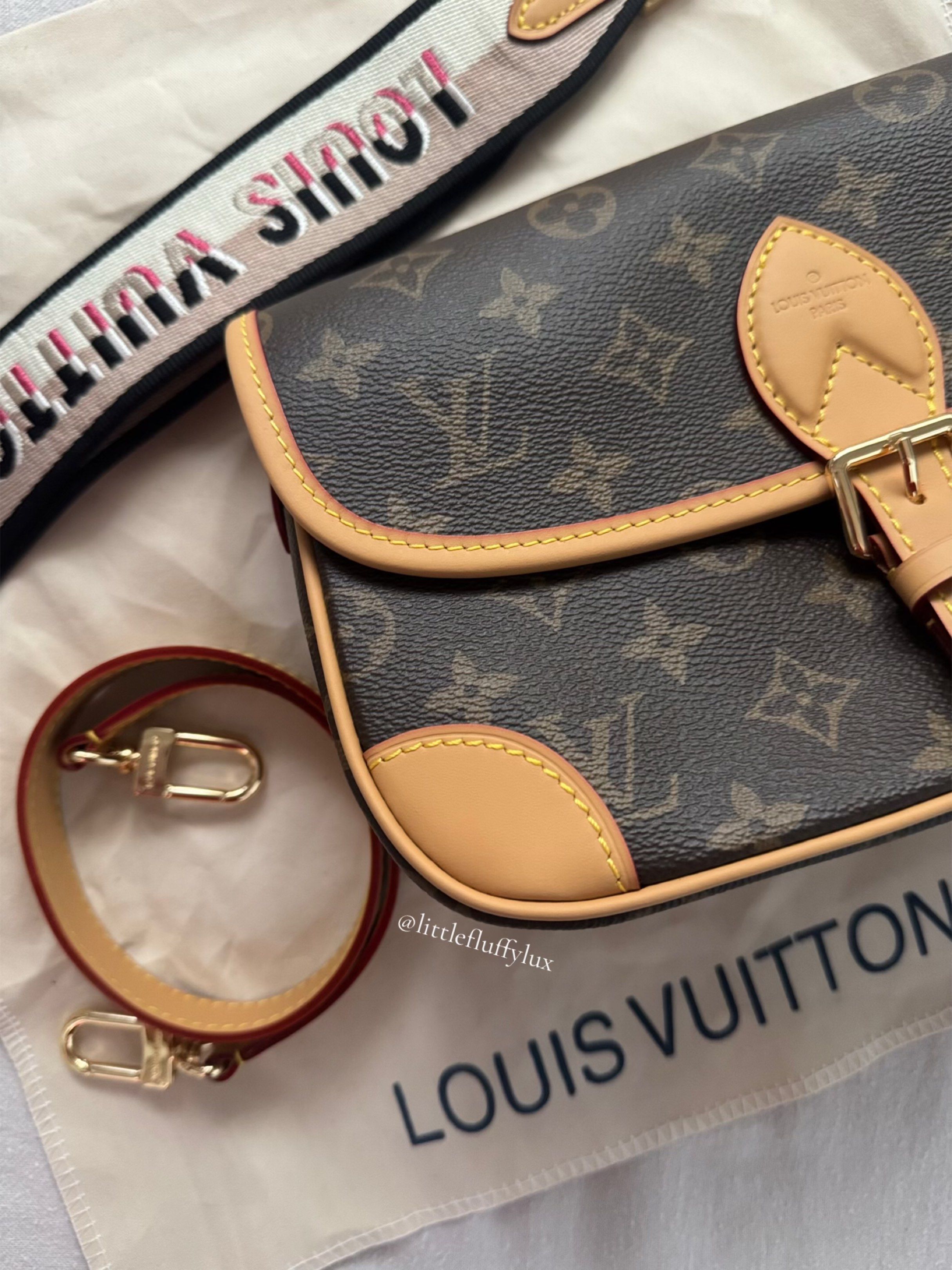 Louis Vuitton Diane Monogram Bag (Category: Luxury Bags & Wallets) located in Pasig City. Submitted by littlefluffylux (Listing ID 1418215108, Image 2). Description: ‼️not guaranteed - Louis Vuitton shoulder bag - Classic Monogram canvas - Flap closure with buckle - Detachable shoulder strap - Includes canvas dust bag - Additional Guitar strap included - Dark fabric interior - Made in France.