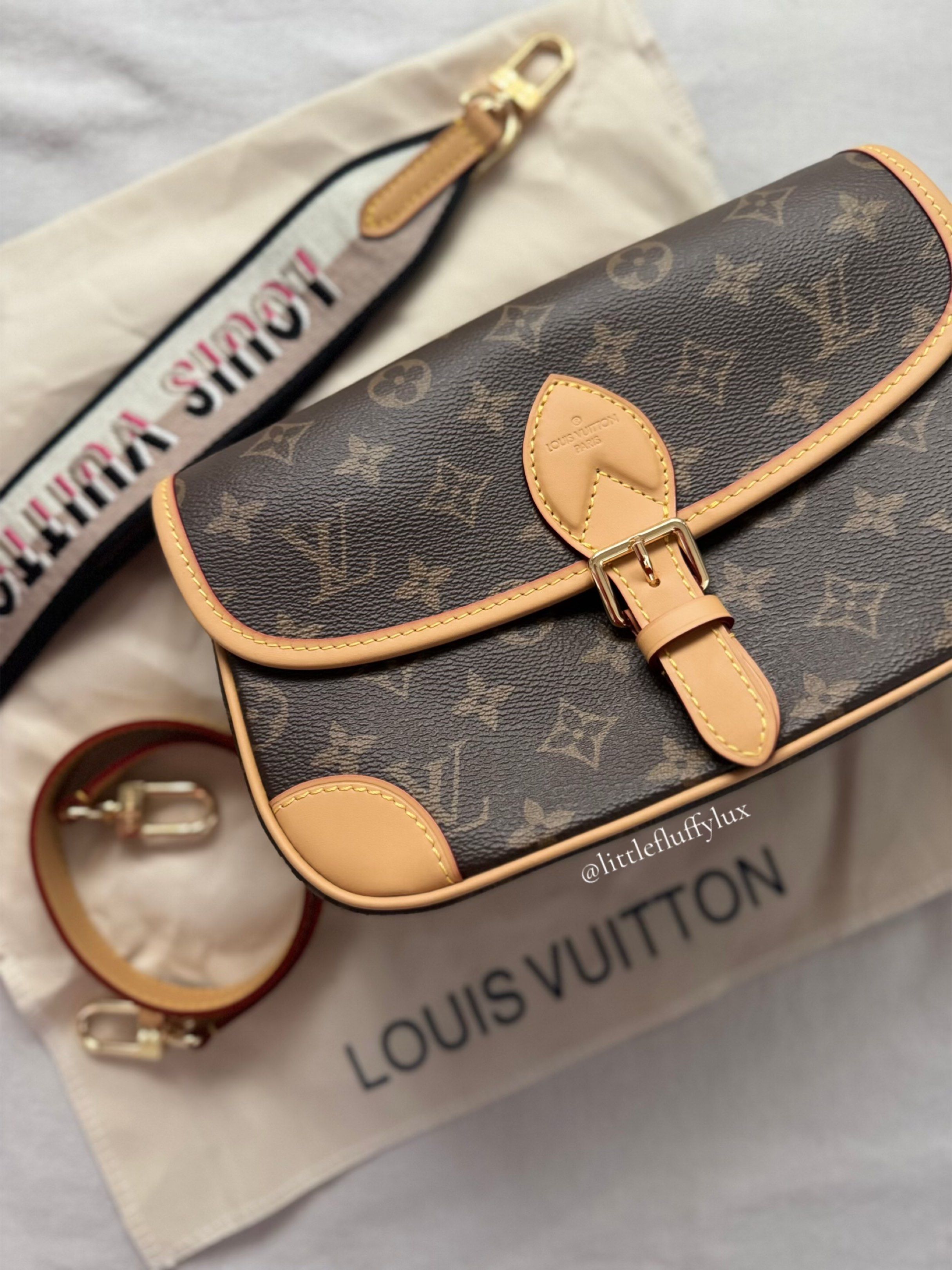 Louis Vuitton Diane Monogram Bag (Category: Luxury Bags & Wallets) located in Pasig City. Submitted by littlefluffylux (Listing ID 1418215108, Image 1). Description: ‼️not guaranteed - Louis Vuitton shoulder bag - Classic Monogram canvas - Flap closure with buckle - Detachable shoulder strap - Includes canvas dust bag - Additional Guitar strap included - Dark fabric interior - Made in France.