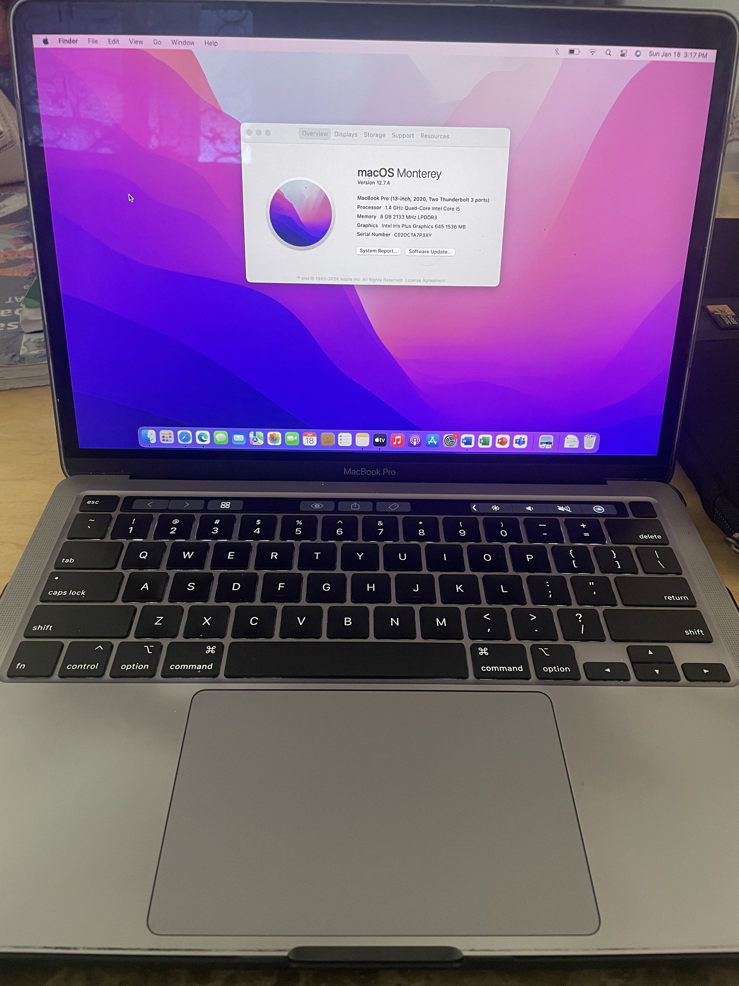 MacBook Pro 13-inch (2020) (Category: Laptops & Notebooks) located in Las Pinas. Submitted by espalayan (Listing ID 1418296224, Image 2). Description: Macbook Pro 13 inch 2020 1.4 Quad Core Intel i5 8 GB RAM Intel Iris plus graphics 2020 model Touch ID 256gb SSD Updated to macOS Monterey With charger Never opened/repaired NO ISSUE.
