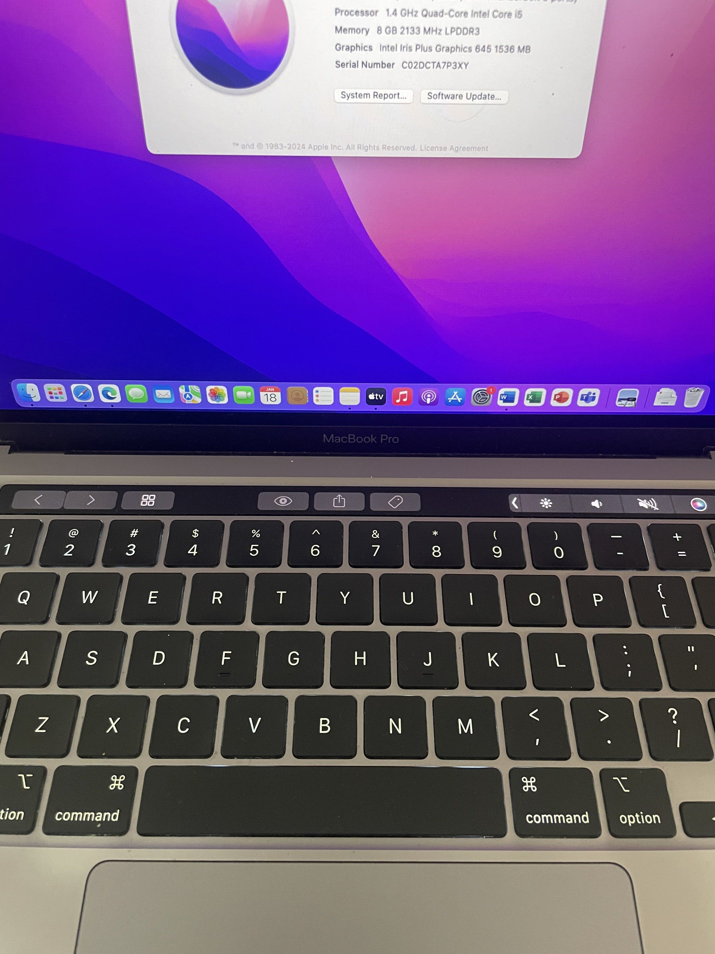 MacBook Pro 13-inch (2020) (Category: Laptops & Notebooks) located in Las Pinas. Submitted by espalayan (Listing ID 1418296224, Image 3). Description: Macbook Pro 13 inch 2020 1.4 Quad Core Intel i5 8 GB RAM Intel Iris plus graphics 2020 model Touch ID 256gb SSD Updated to macOS Monterey With charger Never opened/repaired NO ISSUE.