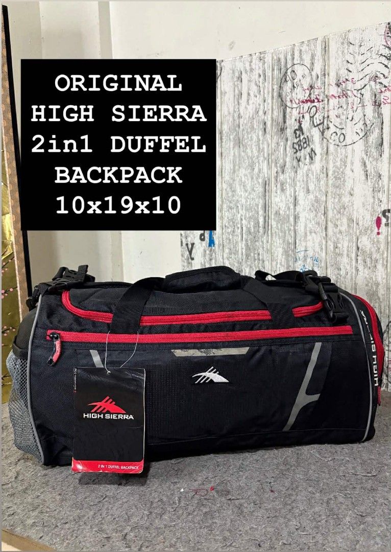 ORIGINAL HIGH SIERRA 2 IN 1 DUFFLE BAGPACK (Category: Backpacks) located in Valenzuela. Submitted by danbhengsjapansuprlus (Listing ID 1418276764, Image 1). Description: ORIGINAL HIGH SIERRA BRAND 2in1 DUFFLE BACKPACK 🇯🇵 🎯 WITH FRONT POCKET 🎯 TOP HANDLE STRAP 🎯 QUALITY MATERIAL 🎯SUPER WIDE SPACE CAPACITY 🎯 BACKPACK SUPPORT STRAP.