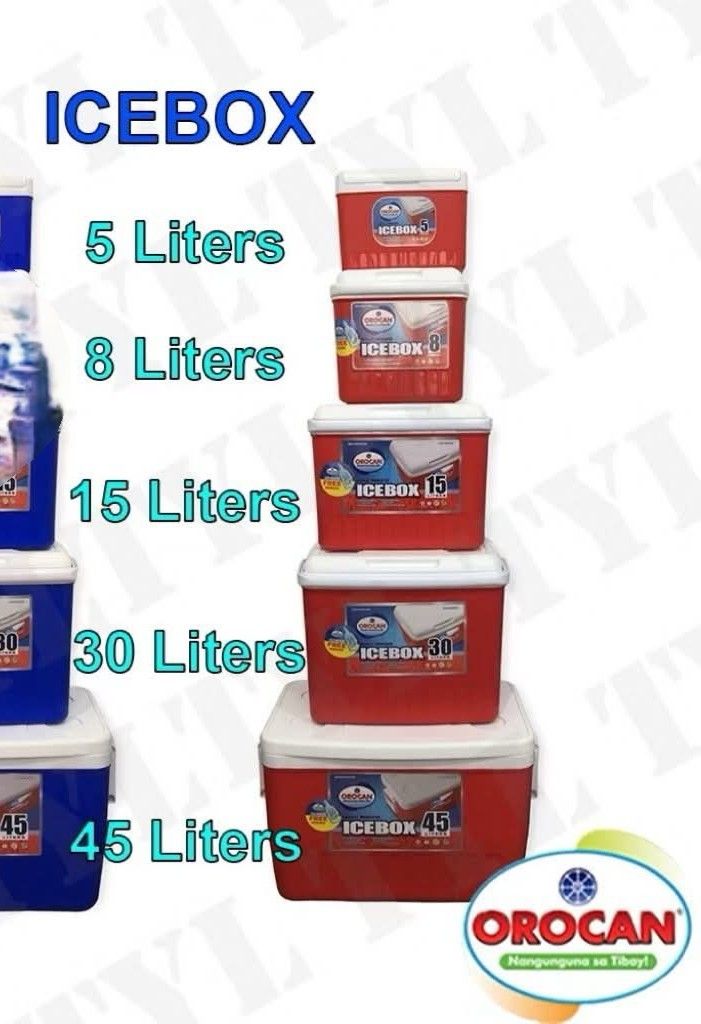 Orocan ice cooler box (Category: Food Organization & Storage) located in Manila. Submitted by yzlshop (Listing ID 1418303711, Image 2). Description: Original orocan Ice box 5 Liters Php: 600. Only 8 Liters Php: 800. Only 15 Liters Php: 1100. Only 30 Liters Php: 1300. Only 45 Liters Php: 1650. Only W/ free Ice scoop Inside Good quality.