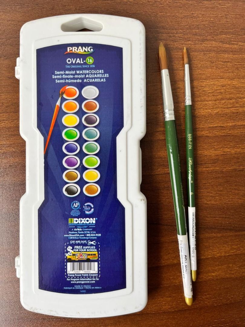 Prang Oval Watercolor Set with Brushes (Category: Craft Supplies & Tools) located in Caloocan City. Submitted by idr_pai_ (Listing ID 1418289494, Image 1). Description: Complete Prang Oval watercolor set. Used only during 2025 IDLE. Free: 2pcs Berkeley brushes #6 and #12 1pc Mixing Tray.