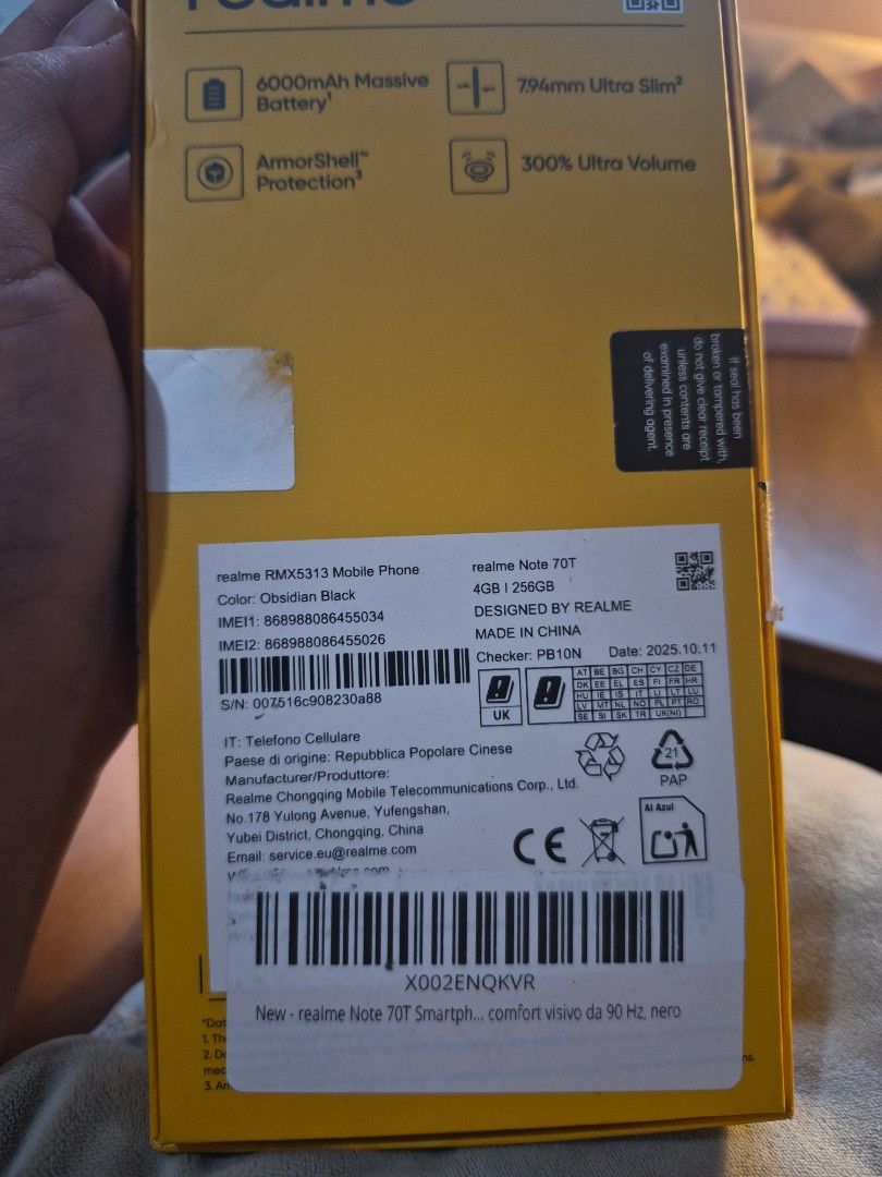 Realme Note 707 - Black (Category: Realme) located in Las Pinas. Submitted by byelovelyhumans (Listing ID 1418245619, Image 2). Description: - Realme Note 70T (Cerifon Black) - Massive 6000mAh Battery - ArmorShell Protection - Ultra Slim Design (7.94mm) - 300% Ultra Volume - 4GB RAM / 128GB Storage - Model: RMx5313 - Designed by Realme, Made in China Bought from Amazon Italy Used for one week only to as an emergency phone (my phone broke mid-trip