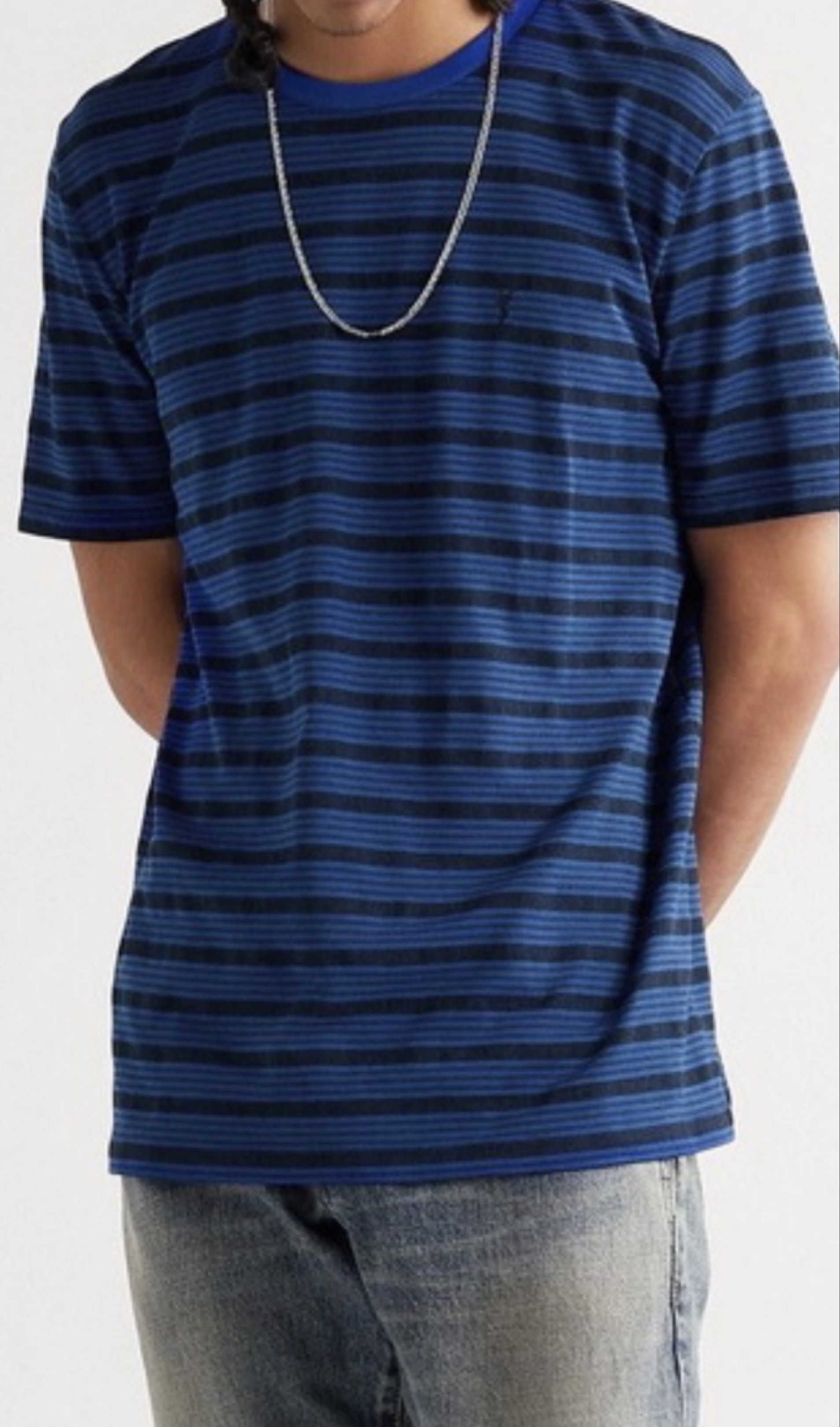 Saint Laurent Logo Stripe Shirt (Category: Luxury Apparel) located in Calapan. Submitted by axlefinestpicks (Listing ID 1418299095, Image 2). Description: Authentitc Saint Laurent tshirt YSL logo on chest Blue color Excellent condition 10/10 color rate 20” x 27” dimes.