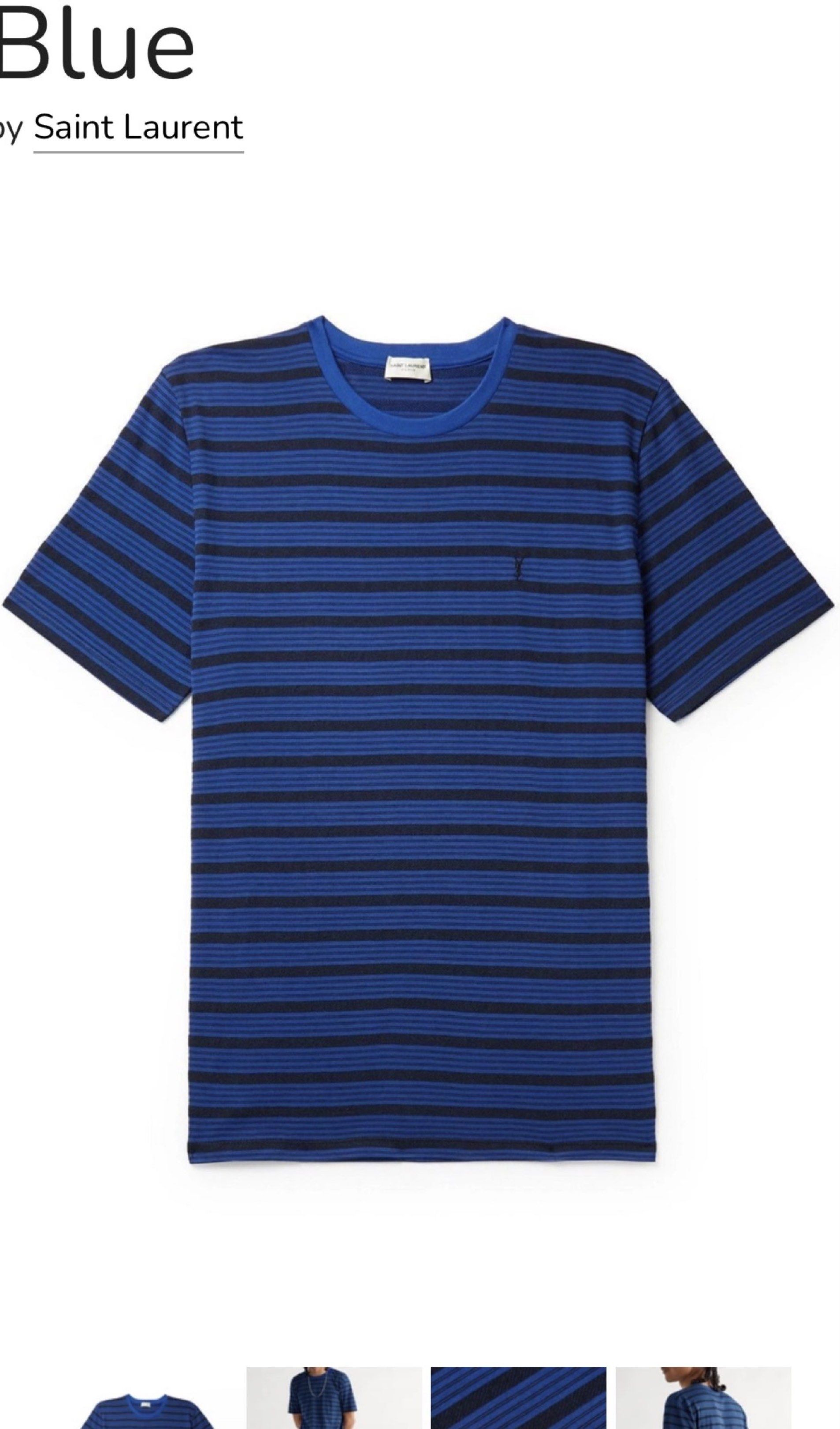 Saint Laurent Logo Stripe Shirt (Category: Luxury Apparel) located in Calapan. Submitted by axlefinestpicks (Listing ID 1418299095, Image 1). Description: Authentitc Saint Laurent tshirt YSL logo on chest Blue color Excellent condition 10/10 color rate 20” x 27” dimes.