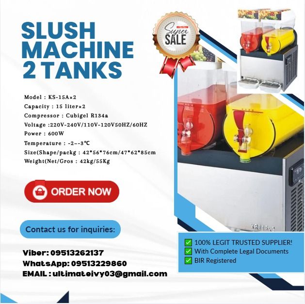 Slush Machine 2 Tanks (Category: Home Improvement Tools & Accessories) located in Caloocan City. Submitted by vedadacian34812 (Listing ID 1418223801, Image 1). Description: Model : KS-15A×2 Capacity : 15 liter×2 Compressor : Cubigel R134a Voltage :220V-240V/110V-120V50HZ/60HZ Power : 600W Temperature : -2~-3℃ Size(Shape/packg : 42*56*76cm/47*62*85cm Weight(Net/Gros : 42kg/55Kg .