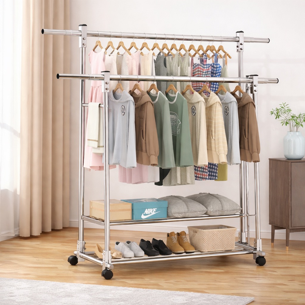 Stainless Steel Clothes Rack | Double Layer Garment Rack | Rolling ...