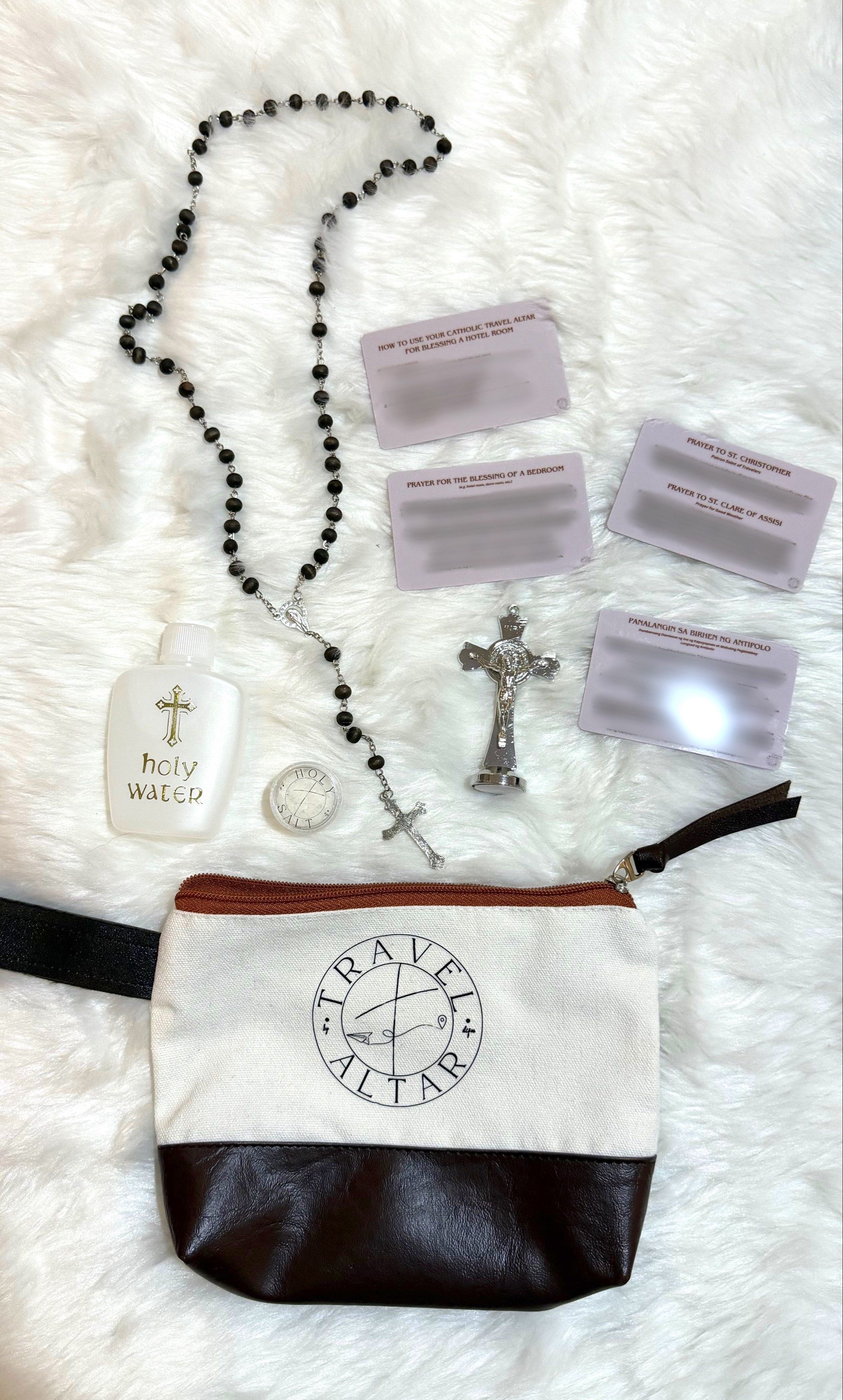 Travel Altar (complete set) (Category: Religious Items) located in Antipolo. Submitted by nyeahsells (Listing ID 1418268815, Image 1). Description: The Travel Altar by dcfm A compact faith companion you can bring anywhere. Each set includes: - Travel pouch - Benedictine Crucifix - Holy Rosary - Holy Water - Holy Salt - Prayer Cards - Instruction Card on how to use the Travel Altar Perfect for daily carry, trips, and gifting. Disclaimer: - This is