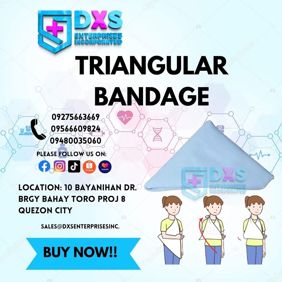 TRIANGULAR BANDAGE (Category: Medical Supplies & Tools) located in Quezon City. Submitted by andrea_dxs (Listing ID 1418234785, Image 1). Description: TRIANGULAR BANDAGE WE ALSO ACCEPT BULK ORDERS “𝐃𝐗𝐒 𝐄𝐍𝐓𝐄𝐑𝐏𝐑𝐈𝐒𝐄𝐒 𝐈𝐍𝐂.” 𝘞𝘢𝘳𝘦𝘩𝘰𝘶𝘴𝘦 𝘈𝘥𝘥𝘳𝘦𝘴𝘴 : 18 REST HAVEN PROJ. 7 BRGY BUNGAD QUEZON CITY WE ACCEPT CASH ON DELIVERY/ CASH ON PICK UP/ GCASH AND BANK TRANSFER WE ARE OPEN DAILY MONDAY TO SATURDAY 9:00 AM TO 6:00 PM Kindly