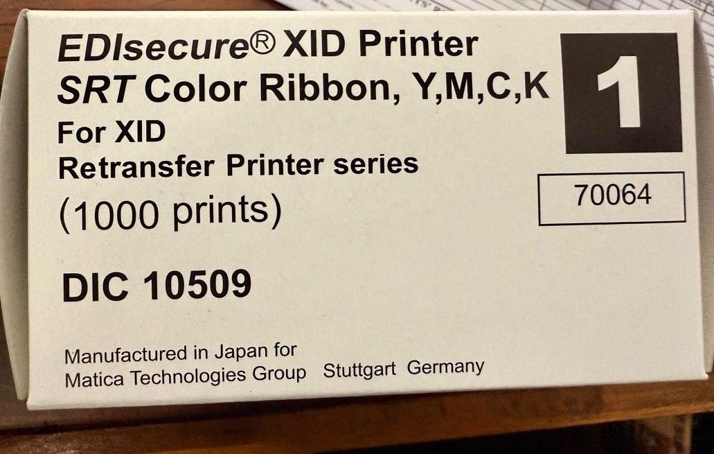XID printer ribbon (Category: Printers, Scanners & Copiers) located in Manila. Submitted by jpclaudio (Listing ID 1377983533, Image 2). Description: EDIsecure XID Printer SRT Color Ribbon, Y, M, C, K For XID Retransfer Printer Series (1000prints) DIC 10509.