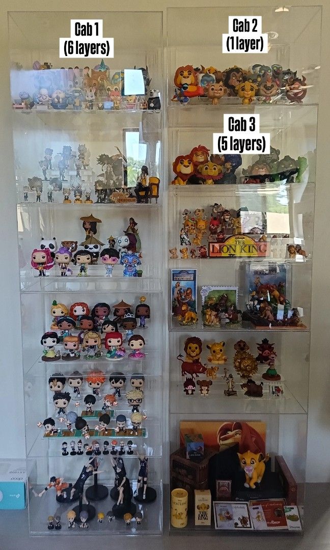 Acrylic Display Cabinets (set of 3) (Category: Storage Boxes & Baskets) located in Manila. Submitted by lionnard (Listing ID 1418408407, Image 1). Description: Acrylic Display Cabinets for Sale (set of 3) Measurements (L x H x W) 🔹Cab 1 (6 Layers) Layers 1-6: 20 x 12 x 12 in 🔹Cab 2 (1 layer): 20 x 12 x 12 in 🔹Cab 3 (5 layers) Layers 1-3: 20 x 10 x 12 in Layer 4: 20 x 12.5 x 12 in Layer 5: 20 x 18 x 12 in Mode of payment: Bank transfer or GCash