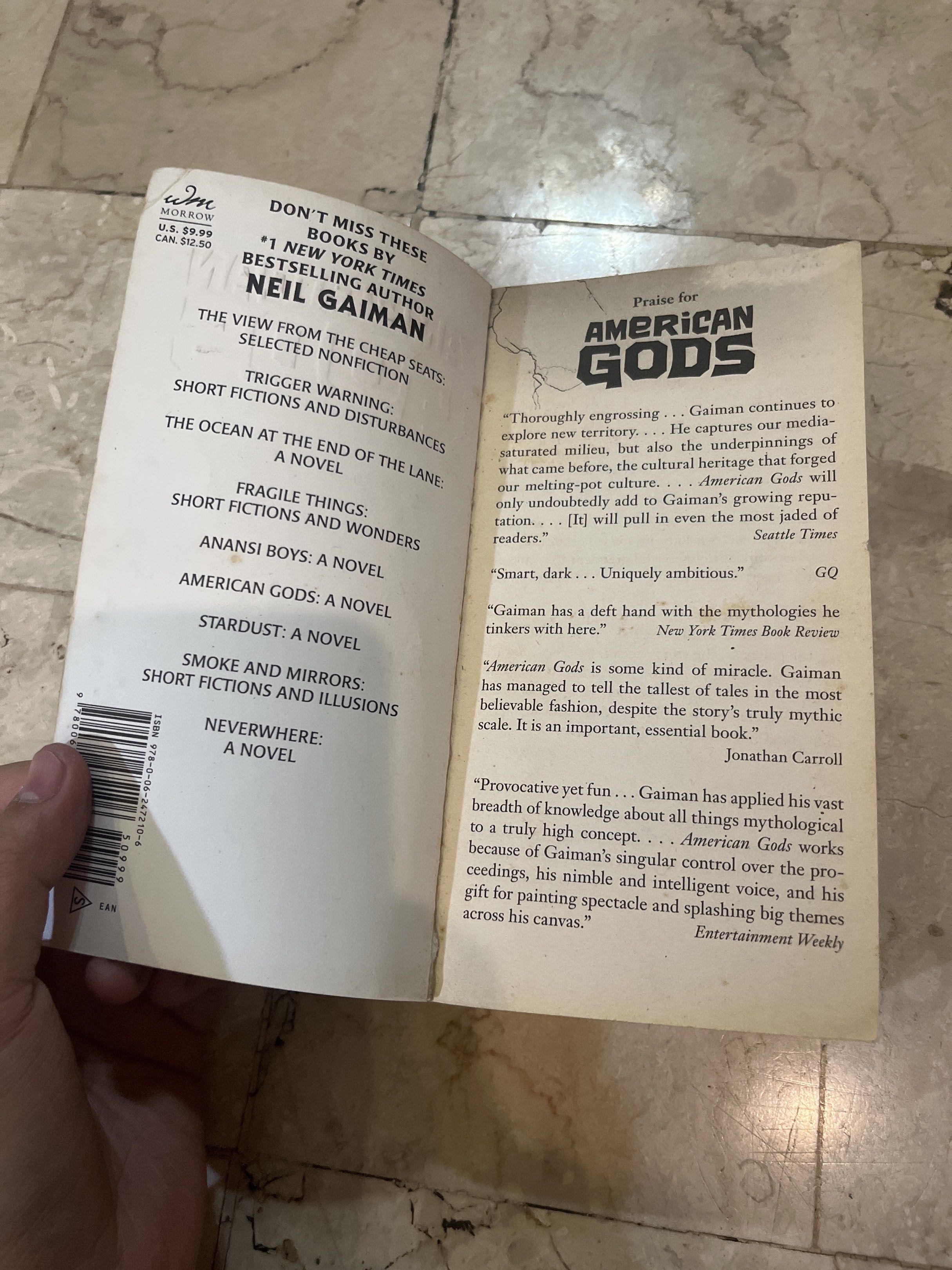 American Gods by Neil Gaiman (Category: Storybooks) located in Quezon City. Submitted by rinn_a (Listing ID 1418451875, Image 3). Description: Minor erasing on page 1 (see pic). Lalamove in QC area only!.