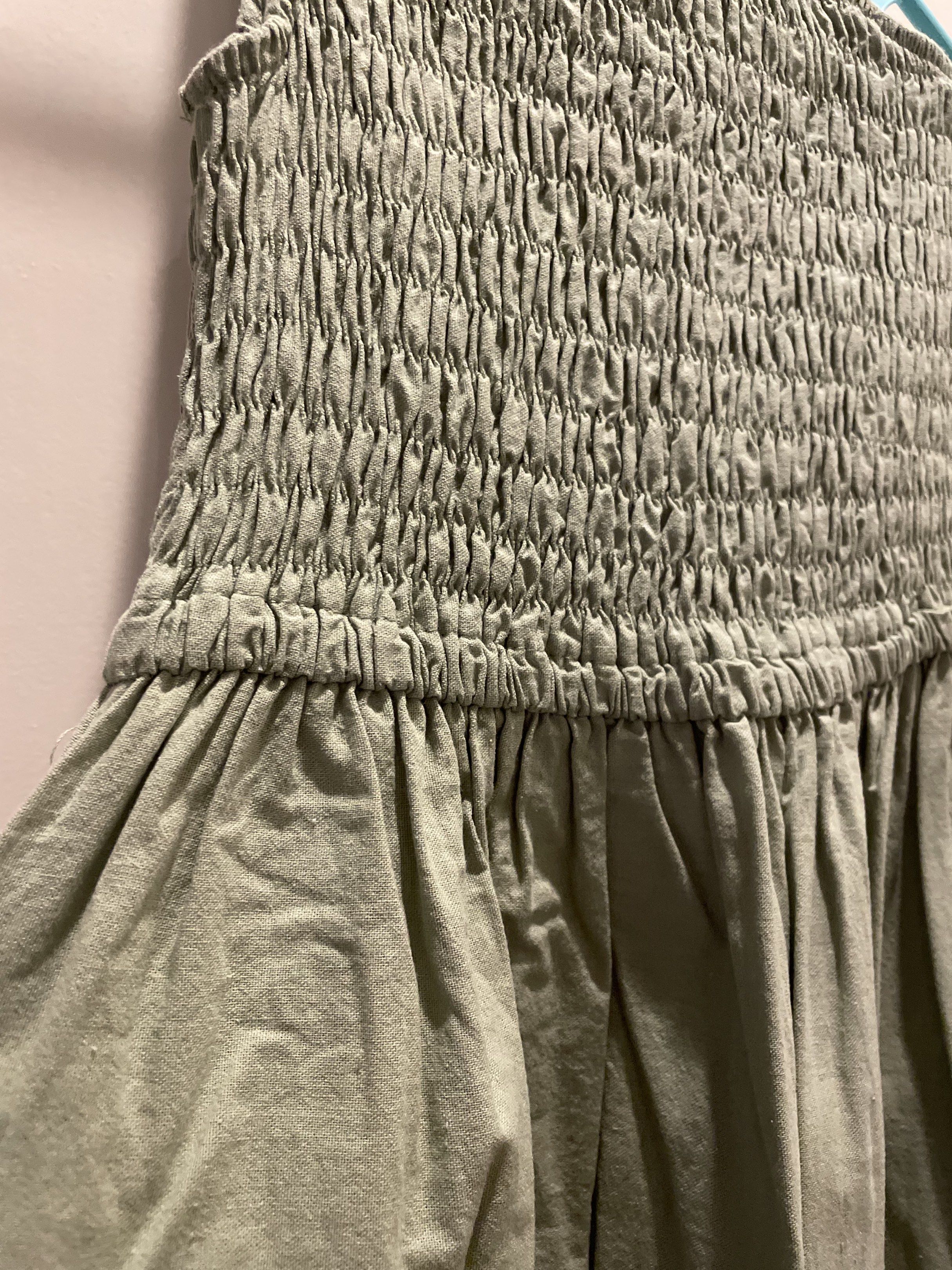 Asymmetrical Sage Green Dress (Category: Dresses) located in Las Pinas. Submitted by bmtl_ (Listing ID 1418563473, Image 2). Description: Asymmetrical dress Sage green Size M Used once on a beach trip RFS: Decluttering.