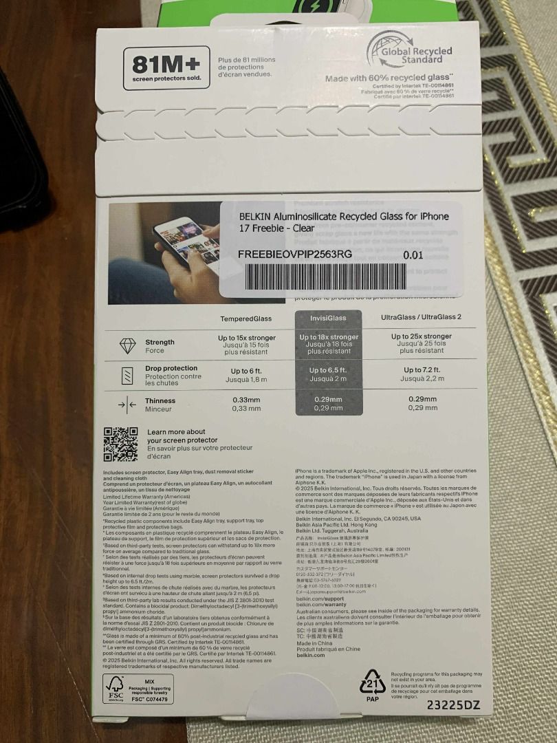 Belkin ScreenForce InvisiGlass Screen Protector iPhone 17 (Category: Other Mobile & Gadget Accessories) located in Makati City. Submitted by amplechin (Listing ID 1418422992, Image 2). Description: Selling Brand New Belkin ScreenForce InvisiGlass Screen Protector iPhone 17/16 Pro for Php 800 - mall price 1190 Cash on Delivery/Pick-up via LBC (+ shipping fee) Please leave a message if interested..