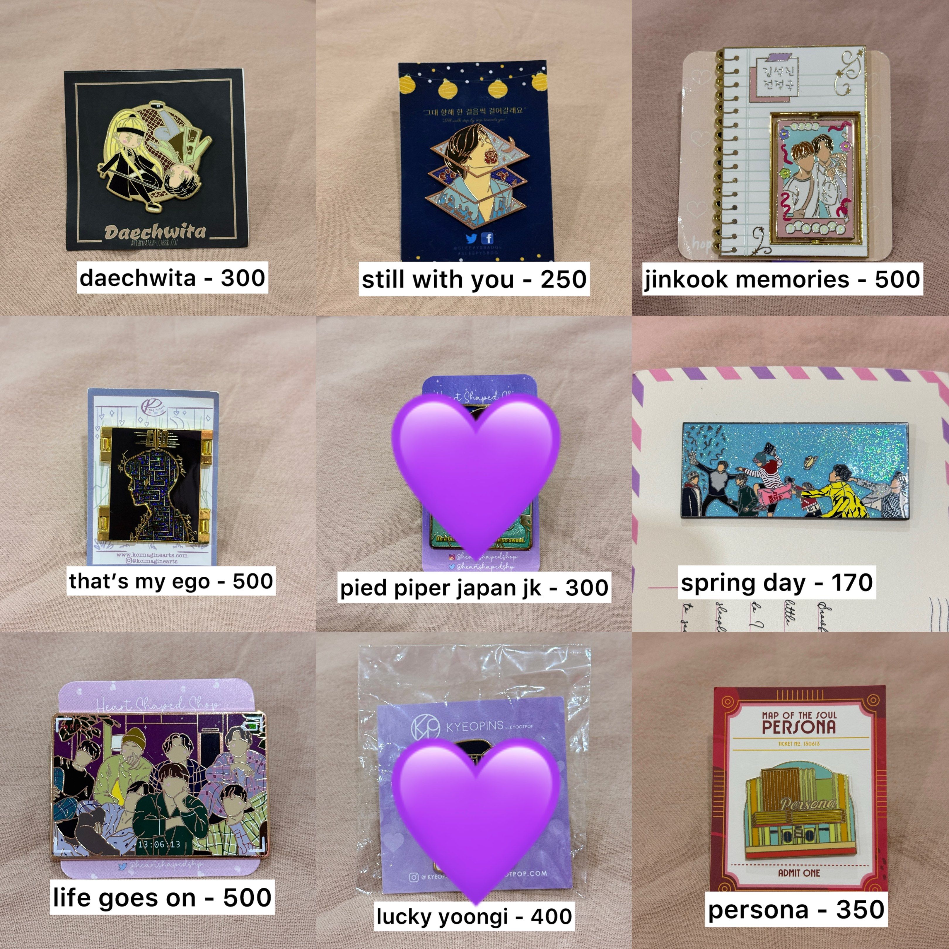 BTS Enamel Pins (Category: K-Wave Merchandise) located in Cainta. Submitted by ac.decluttering (Listing ID 1418194398, Image 2). Description: i can’t believe i’m letting these go but please adopt my pins 🥺 - prices are in the pictures - mix of never displayed and displayed pins - please manage your expectations. took care of these but pins oxidize - will give discount if you get 3 or more - rfs: downsizing cause i need storage space SOLD 💜 Born