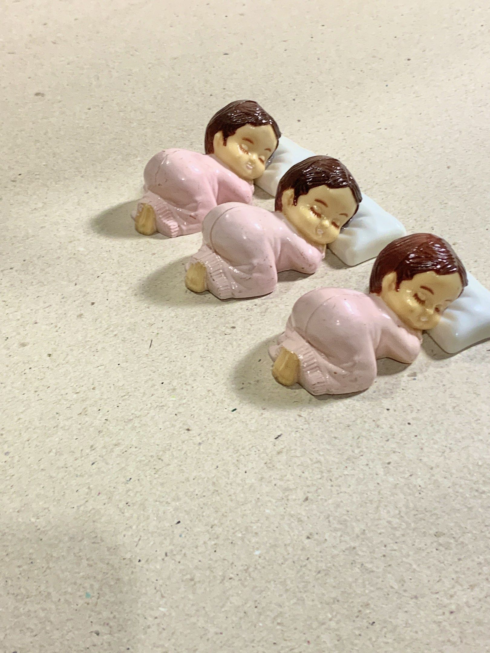 Cake topper sleeping child lot (Category: Bakeware) located in Mandaue City. Submitted by maxguiller89260 (Listing ID 1418578593, Image 1). Description: Cake topper lot X3 Can be for 1 yr old to 3 yr old cake topper. Item was checked cleaned and inspected for completeness. Pillows were reattached with glue stick adhesive. Other uses possible besides cake decorations. See images Dimensions 2x4x2 in give or take. LBC npouch at 150-180PHP .
