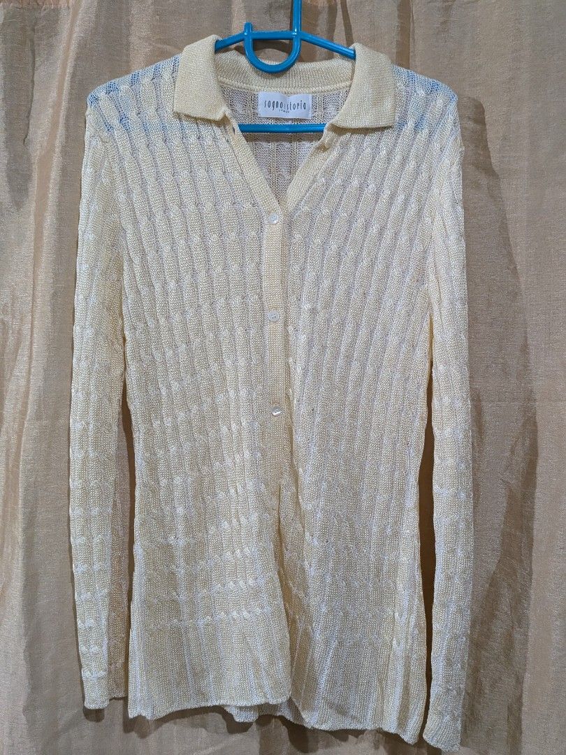 Crochet Cardigan (Category: Coats, Jackets and Outerwear) located in Quezon City. Submitted by stuff.decluttered (Listing ID 1418544147, Image 1). Description: - Cream-colored cardigan - Brand: Lodge Lilla - Collared neckline - Button-down front - Long sleeves - Textured knit pattern - Versatile layering piece - Thick fabric.