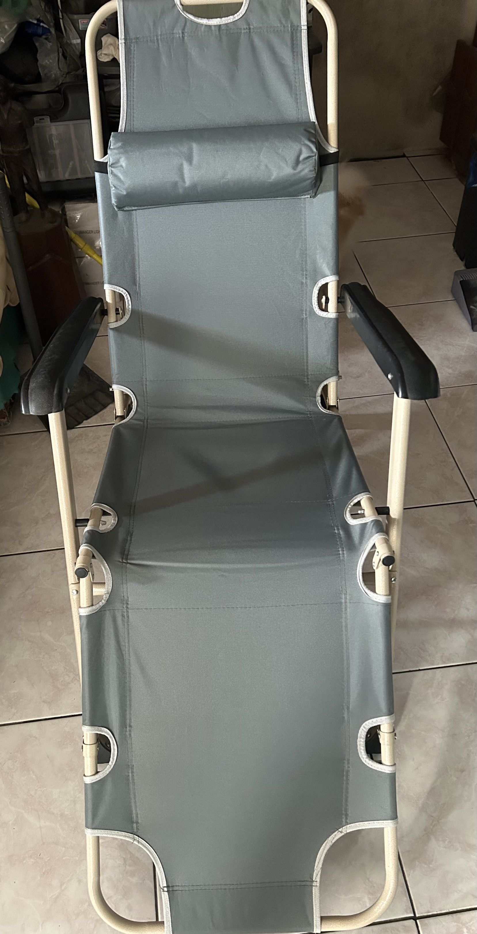 Foldable Reclining Chair (Category: Chairs) located in Manila. Submitted by sofiatanya (Listing ID 1410272970, Image 1). Description: Hindi po nagamit. Meron sya headrest pillow. Nakabox pa at plastic. Orig price 1,800 Loc: tondo.