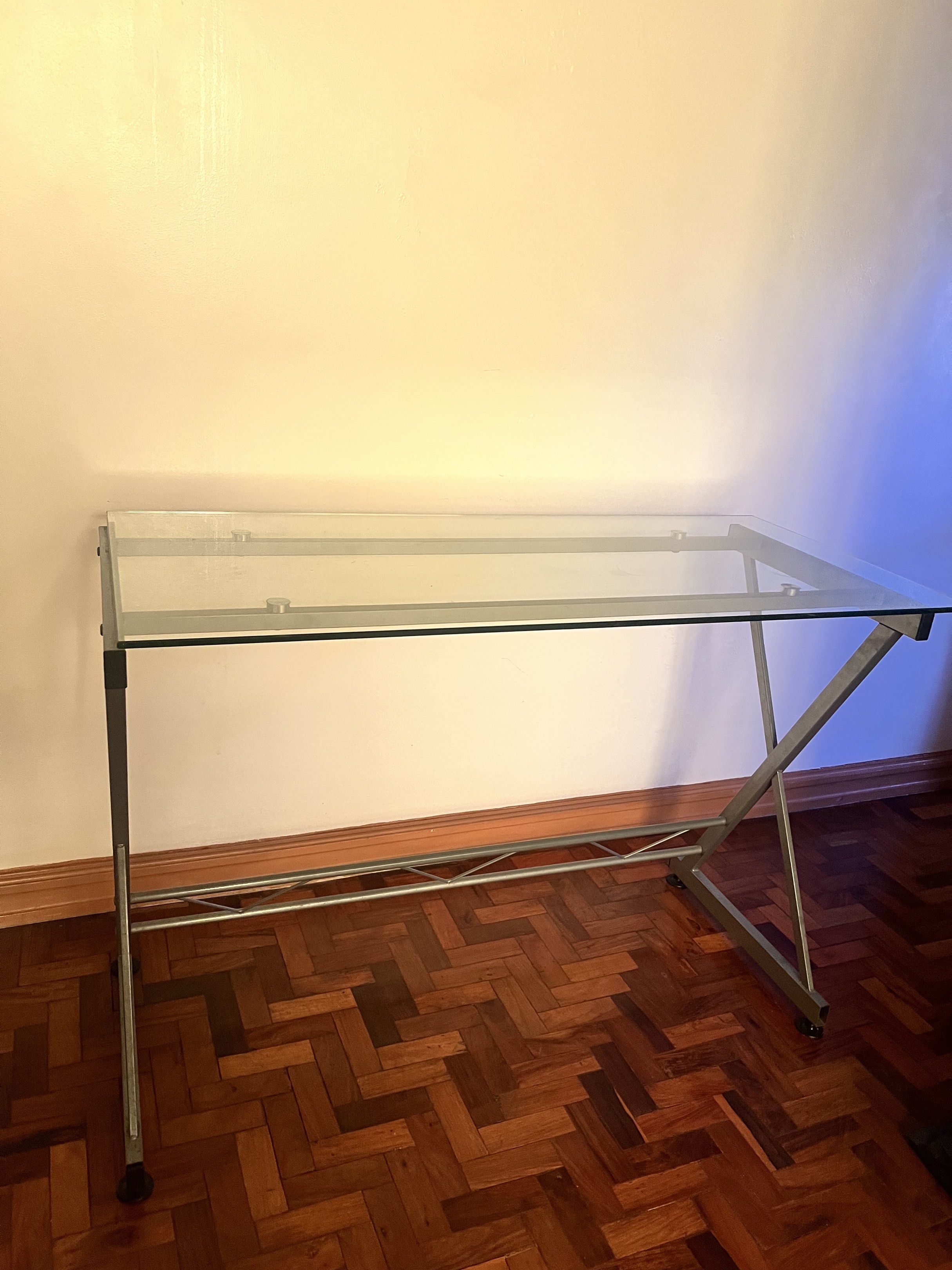 Glass Top Desk Study Table Work Table (Category: Tables & Sets) located in Las Pinas. Submitted by kmp1121 (Listing ID 1418428182, Image 2). Description: Comes with computer chair well used (Brand: Mandaue Foam and Furniture) Check my listing.