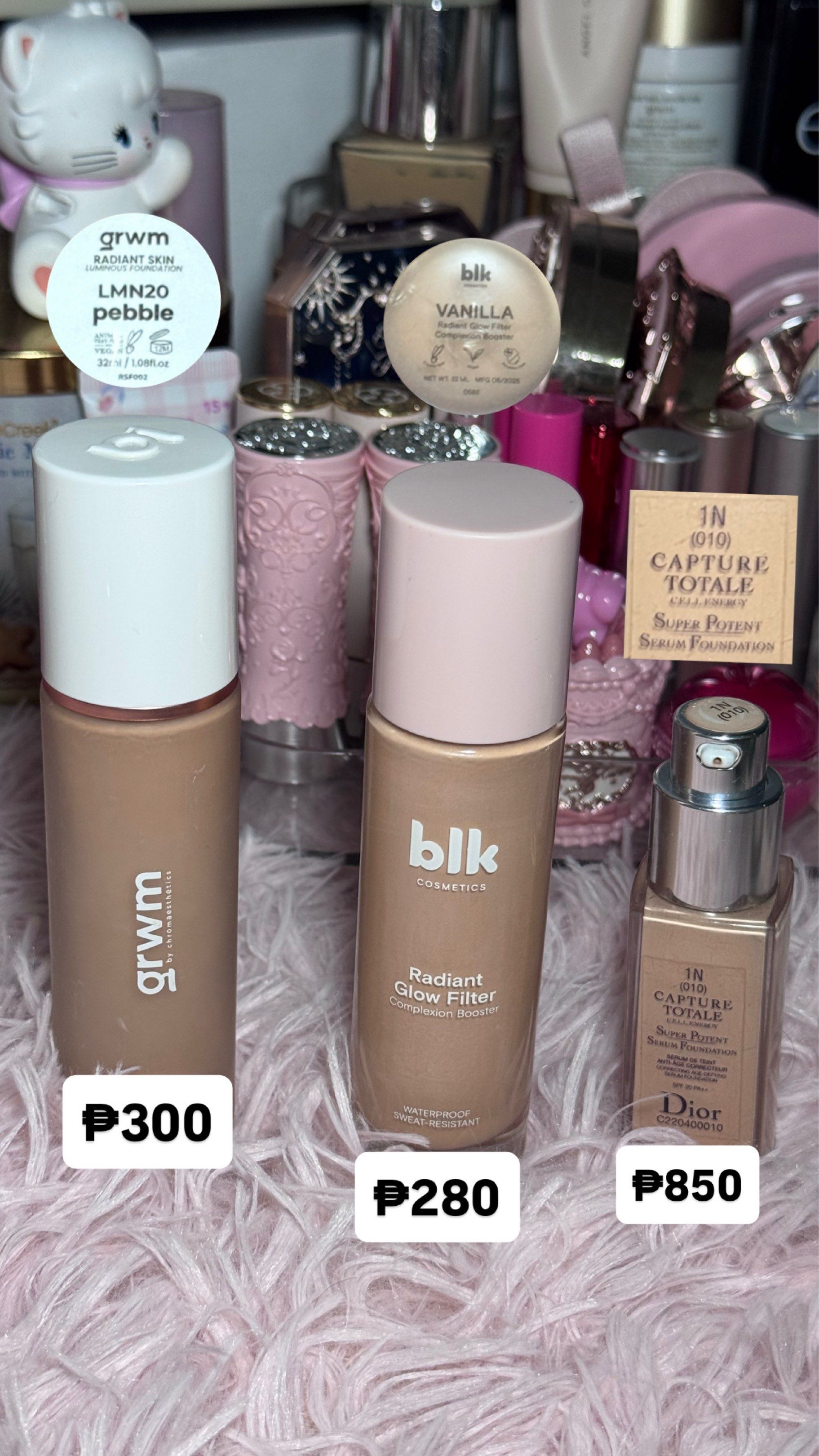GRWM / BLK / DIOR (foundation / Illuminator / Base) (Category: Makeup) located in Cavite. Submitted by kaokao_declutter (Listing ID 1418569858, Image 1). Description: GRWM foundation (Pebble) 90% - ₱300 BLK Radiant glow (Vanilla) 98% - SOLD Dior serum capture totale foundation (1N) 95% - ₱850.