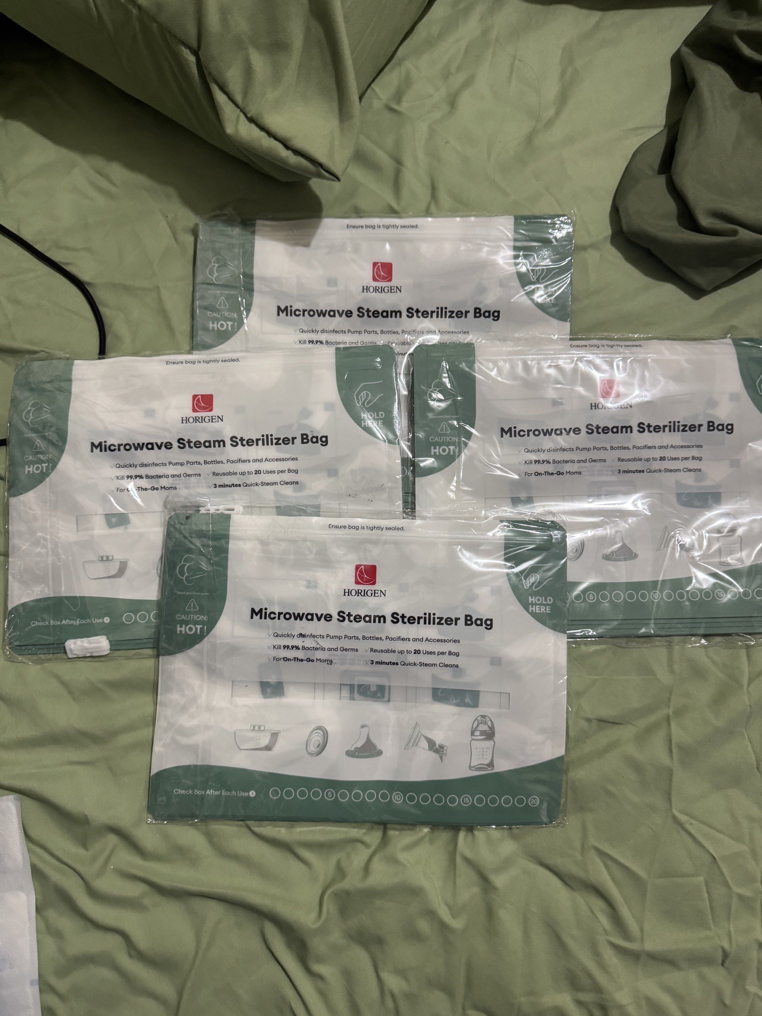 Horigen Microwave Steam Sterilizer Bag (4 packs) (Category: Breastfeeding & Bottle Feeding) located in Mandaluyong City. Submitted by fidgetcracker (Listing ID 1418565436, Image 1). Description: - Horigen Microwave Steam Sterilizer Bags (4 packs) - Quickly disinfects pump parts, bottles, and accessories - Kills 99.9% of bacteria and germs - Reusable up to 20 uses per bag - 3-minute quick steam clean.