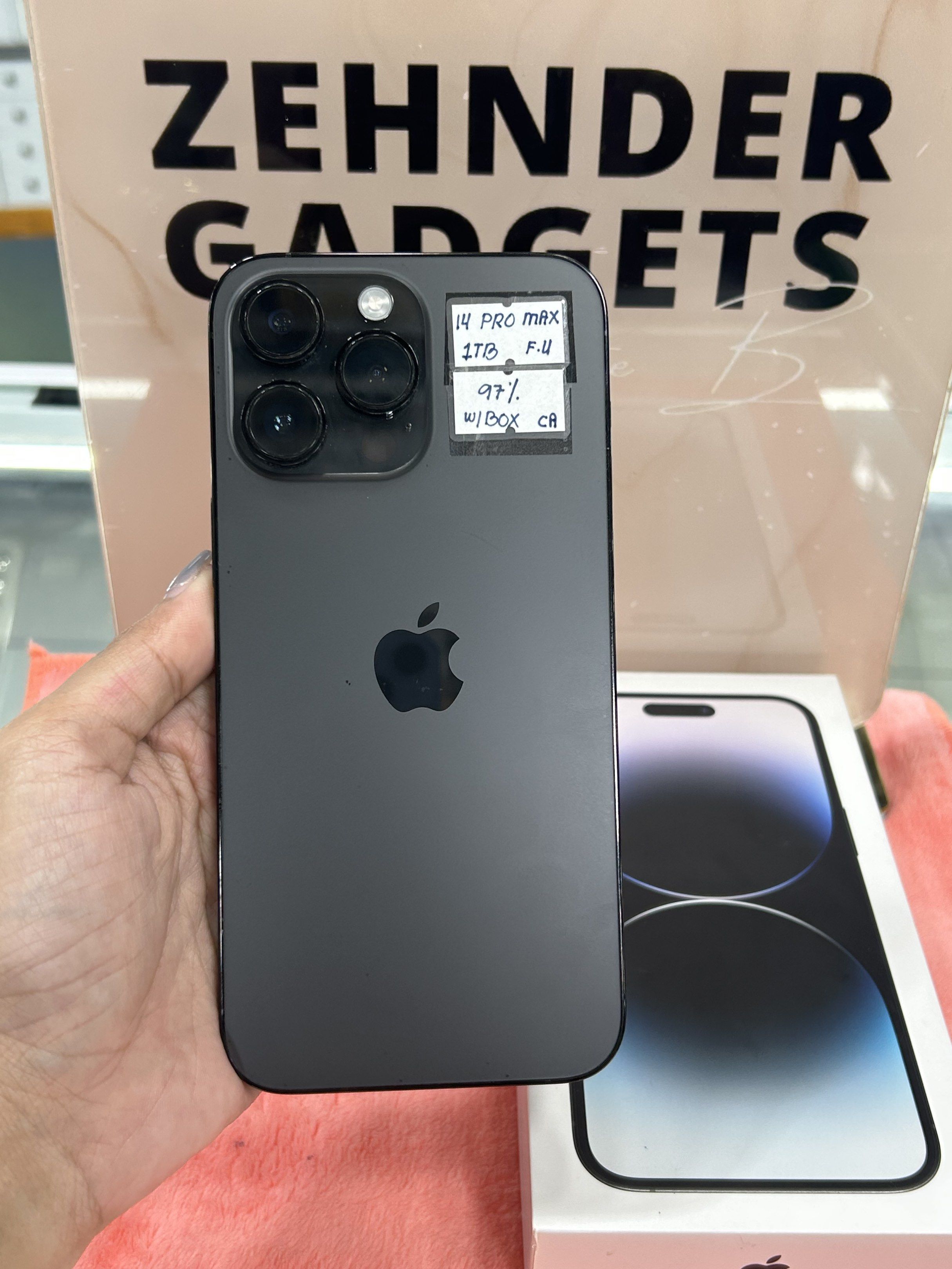 iPhone 14 PRO MAX 1TB OPENLINE (NTC APPROVED) (Category: iPhone 14 Series) located in San Juan City. Submitted by desireebayal96 (Listing ID 1418568683, Image 1). Description: iPhone 14 PRO MAX (BLACK) * 1TB * OPENLINE (ANY SIM) * 97% BATTERY HEALTH (ORIGINAL NOT BOOSTED, CAN CHECK 3UTOOLS) * 97% SMOOTH * NTC APPROVED * NO ISSUE * NO HISTORY OF REPAIR * NO ICLOUD ISSUE * NOT REFURBISHED * FACE ID & TRUETONE WORKING * WITH CORD LIGHTNING * WITH BO