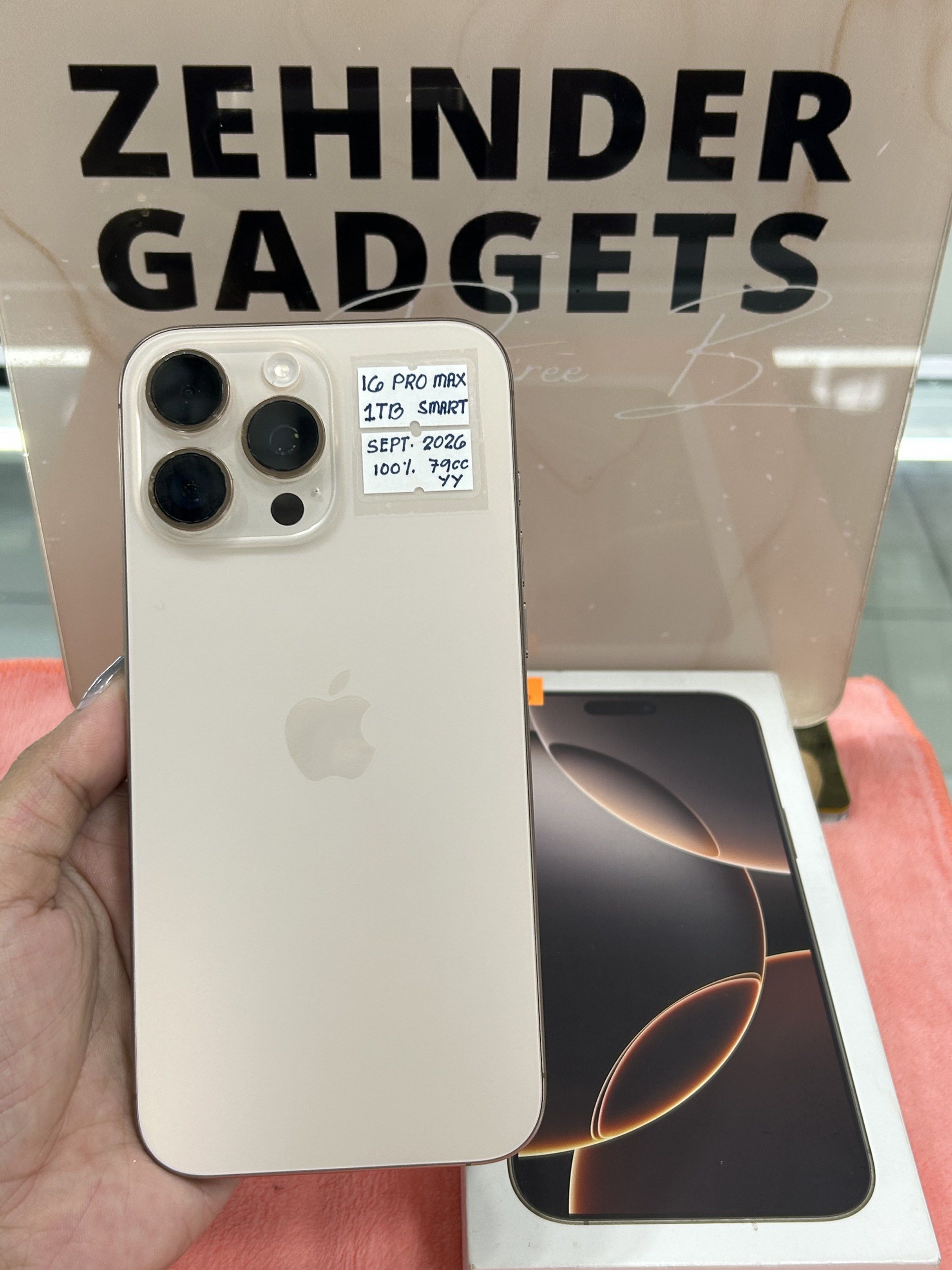 iPhone 16 PRO MAX 1TB SMARTLOCKED (4 MONTHS OLD) NTC APPROVED (Category: iPhone 16 Series) located in San Juan City. Submitted by desireebayal96 (Listing ID 1418565736, Image 1). Description: iPhone 16 PRO MAX (DESERT TITANIUM) * UNDER WARRANTY UNTIL SEPT. 2026 * NTC APPROVED * SMARTLOCKED * 1TB * 100% BATTERY HEALTH (ORIGINAL) * 79 CYCLE COUNT * 98% SMOOTH * NO ISSUE * NO HISTORY OF REPAIR * NOT REFURBISHED * WORKING FACE ID & TRUETONE * WITH CO
