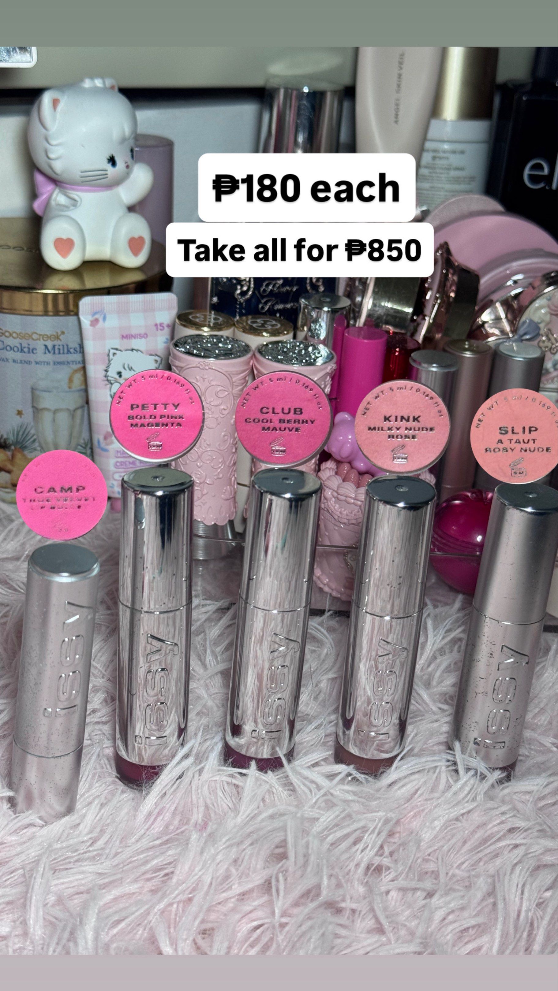 ISSY (Gelee / Mousse / Lip bullet) (Category: Makeup) located in Cavite. Submitted by kaokao_declutter (Listing ID 1418573541, Image 1). Description: All 98% swatched for content only, get each for ₱180 or take all for ₱850 plus free PR BOX from issy KINK AND SLIP SOLD‼️ PETTY, CLUB, AND CAMP AVAILABLE‼️.